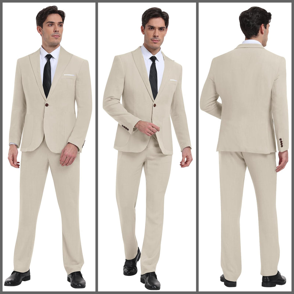 Diaryan Linen Men Suit Beige 2 Piece One Button Classic Fit Dress Suit Solid Jacket and Trousers Set for Wedding Business XS