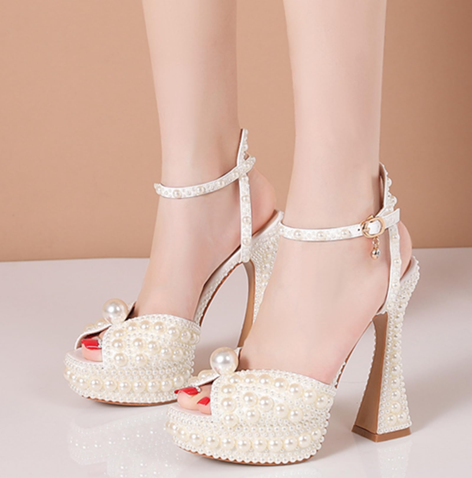 Minishion Womens Platform Wedding Shoes Slingback High Heel Party Evening Sandals with Pearl LH003 Ivory US 8