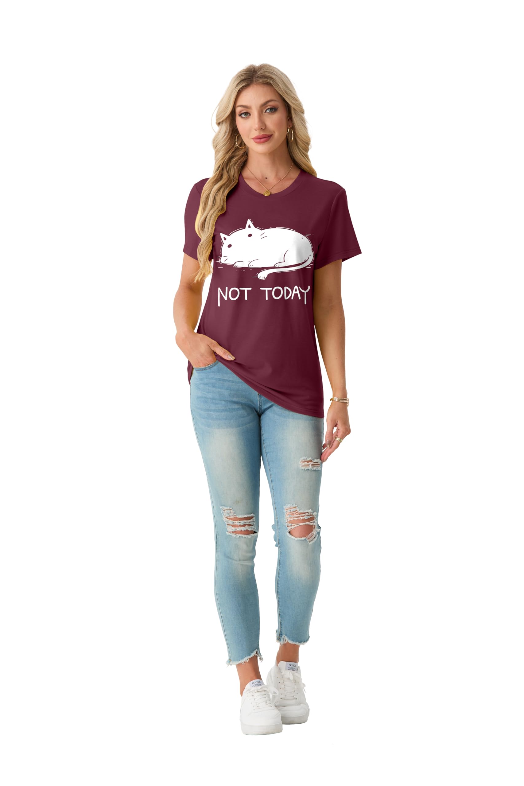 Women's Cat Graphic T Shirt Funny Not Today Cute Lazy Kitty Novelty Crewneck Short Sleeve Casual Tee Gifts for Cat Lovers