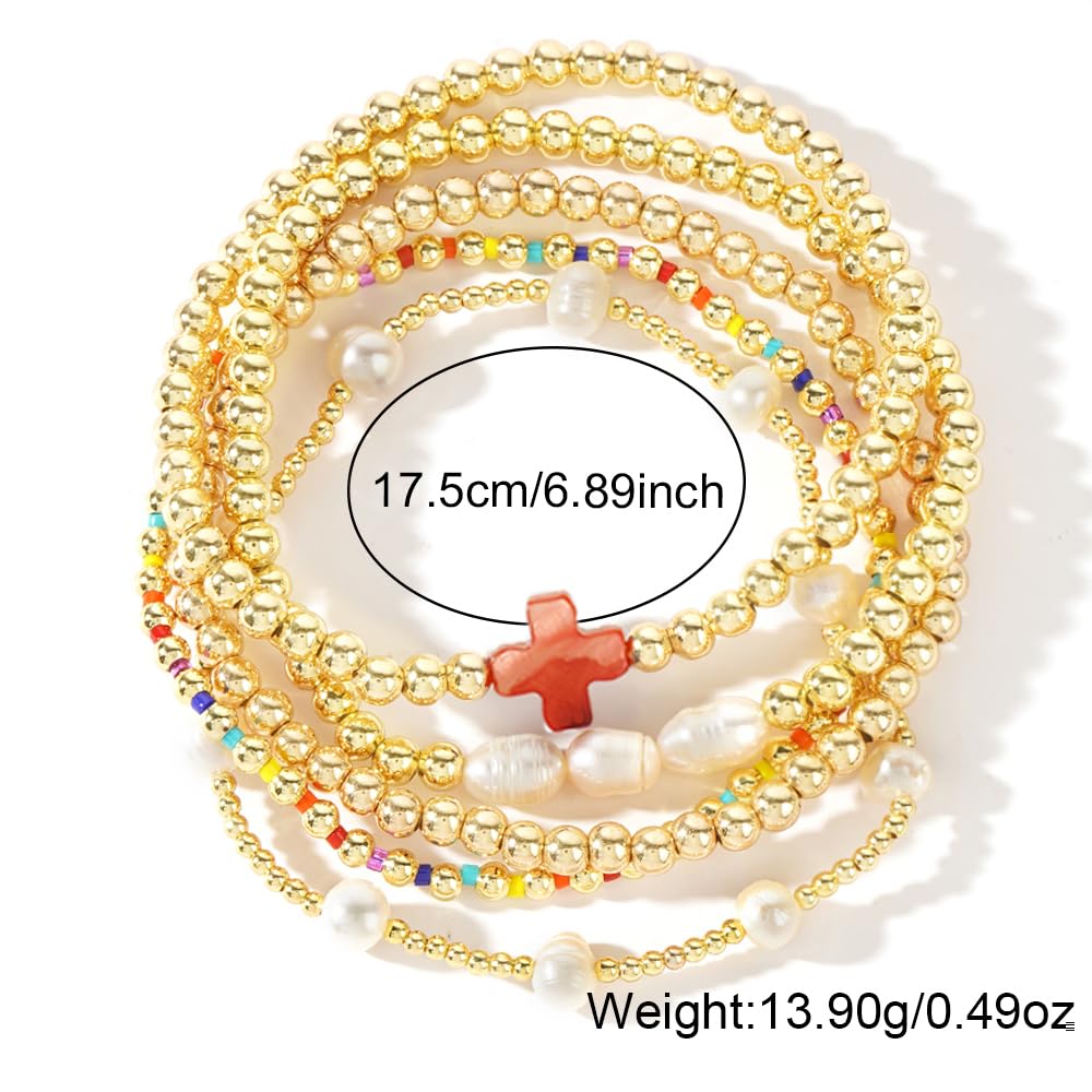 SHINUS BOHO 14K Gold Pearl Beaded Cross Bracelets Stack Set for Women,Stretch Pink Beads Ball Jewelry Friendship Summer Vacation Outfit Trendy Stocking Stuff Gift