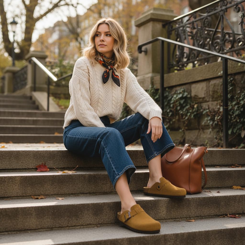 CUSHIONAIRE Hana - Genuine Leather Suede Classic Clog Womens Shoes - Slip On Mule Comfortable Shoes for Women, CAMEL 11
