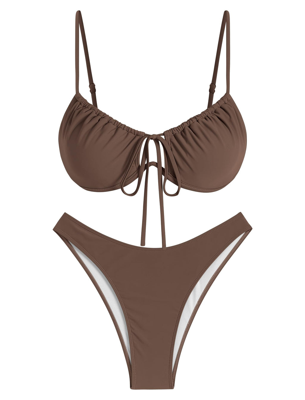 ZAFUL Women High Cut Bikini Sets String Sexy Swimsuit Two Piece Underwire Bathing Suit Brazilian Cheeky Cut Out Cute Swimwear Coffee S