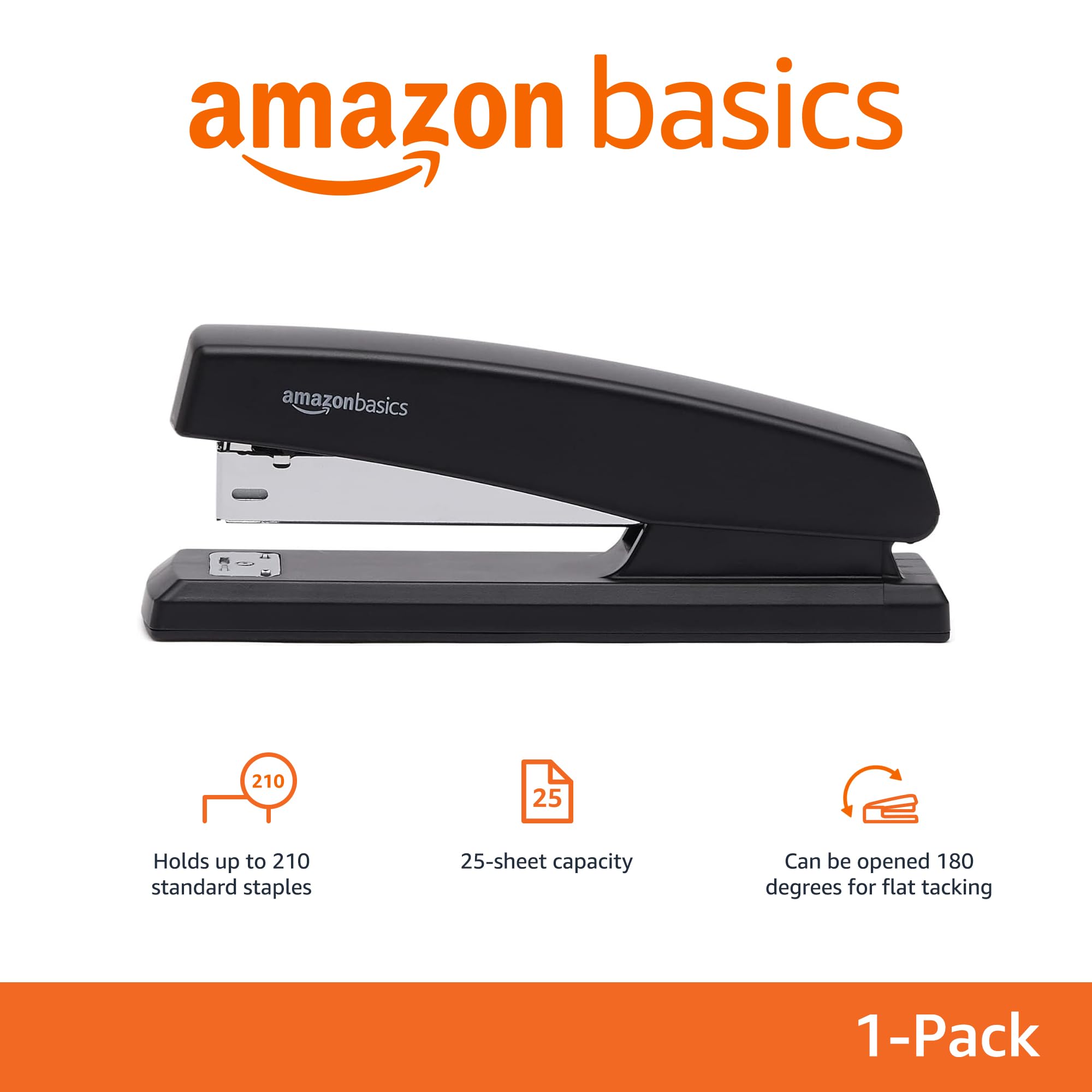 Amazon Basics Office Stapler with 1000 Staples, 25 Sheet Capacity, Non-Slip, Black, Home Office