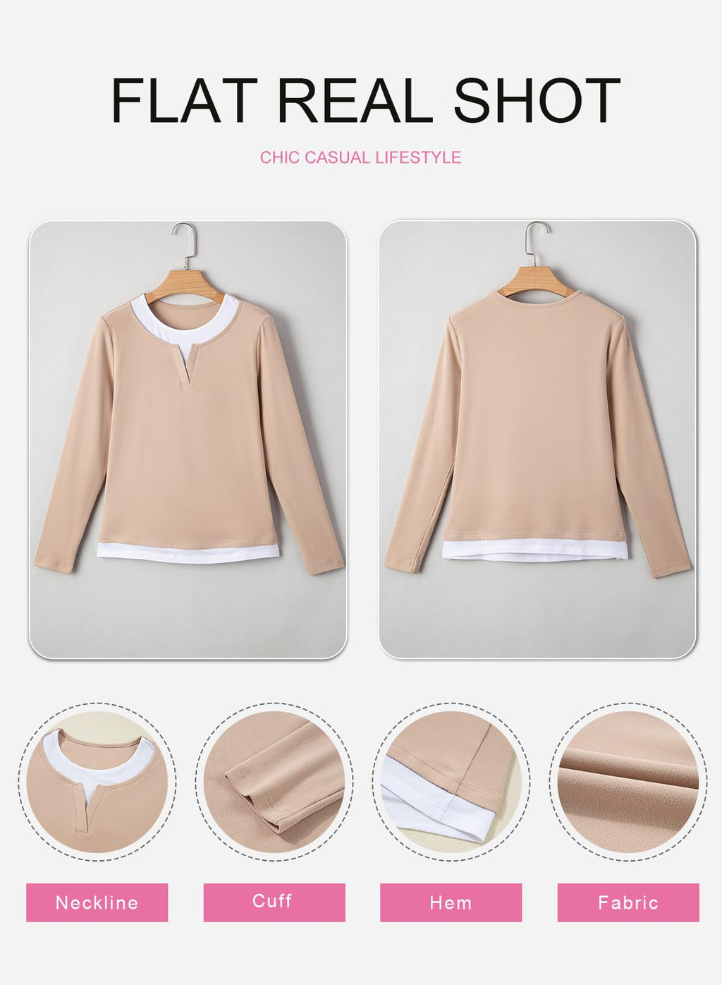 SHEWIN Womens Tops Casual Fashion Trendy Long Sleeve Shirts for Women Fall Clothes Crewneck T Shirts Business Casual Outfits Khaki XX-Large