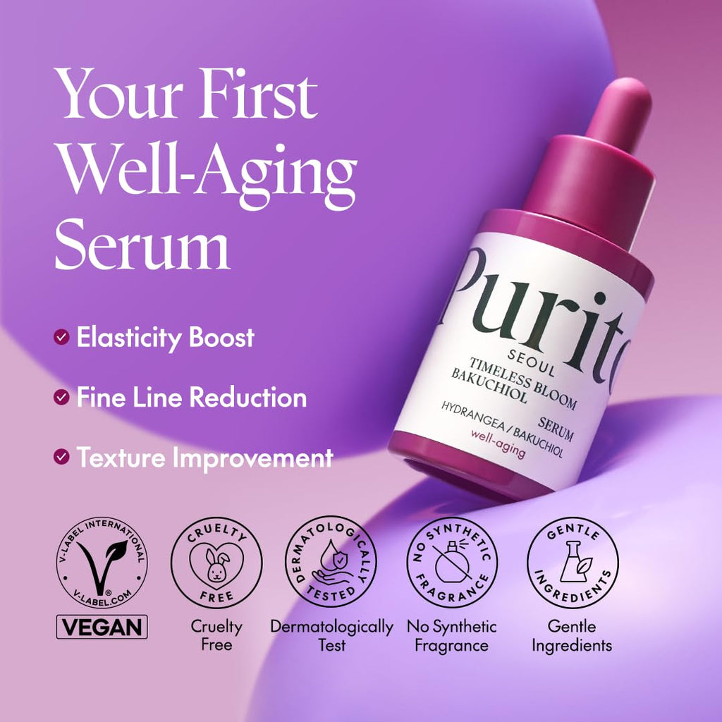 PURITO SEOUL Timeless Bloom Bakuchiol Serum, Korean Jeju Hydrangea, for Sensitive Skin, Ampoule, Fine Line Reduction, Anti Aging Facial Serum for face, K-Beauty, 30ml 1fl.oz