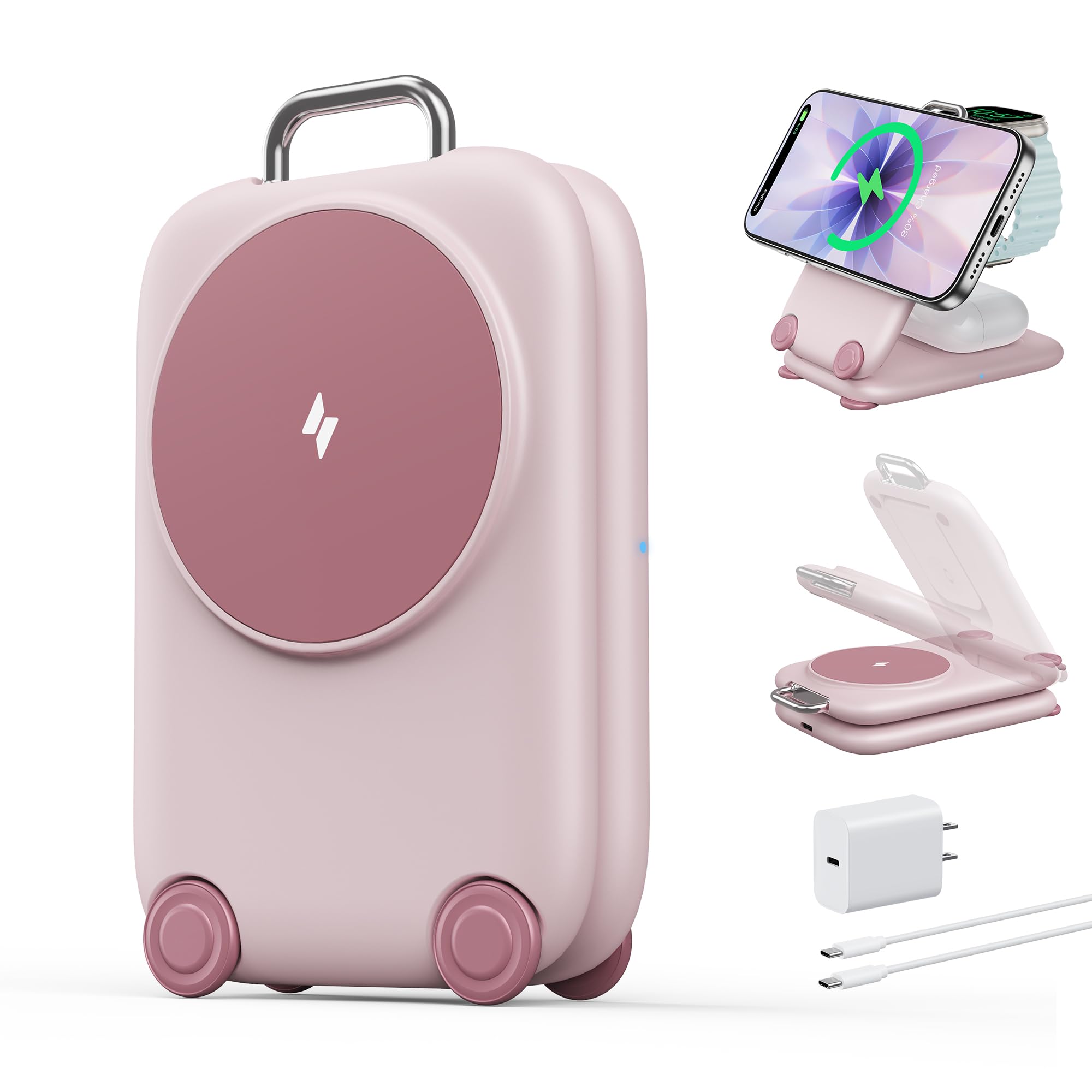 PaktVault 2026 Traveling Fast Wireless Charging Station for Apple Devices, Magnetic 3 in 1 MagSafe Charger Stand for iPhone 17 16 15 14 13 12 Pro Max Plus Air, Apple Watch&Air pods Pro, Pink