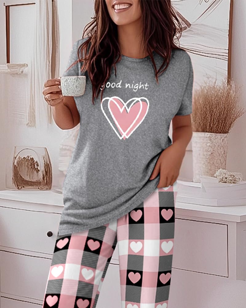 CHICME Womens Pajamas Sets 2 Piece Short Sleeve Lounge Set Printed Loose Pants Pj Sets Loungewear Set Heart Gray-L
