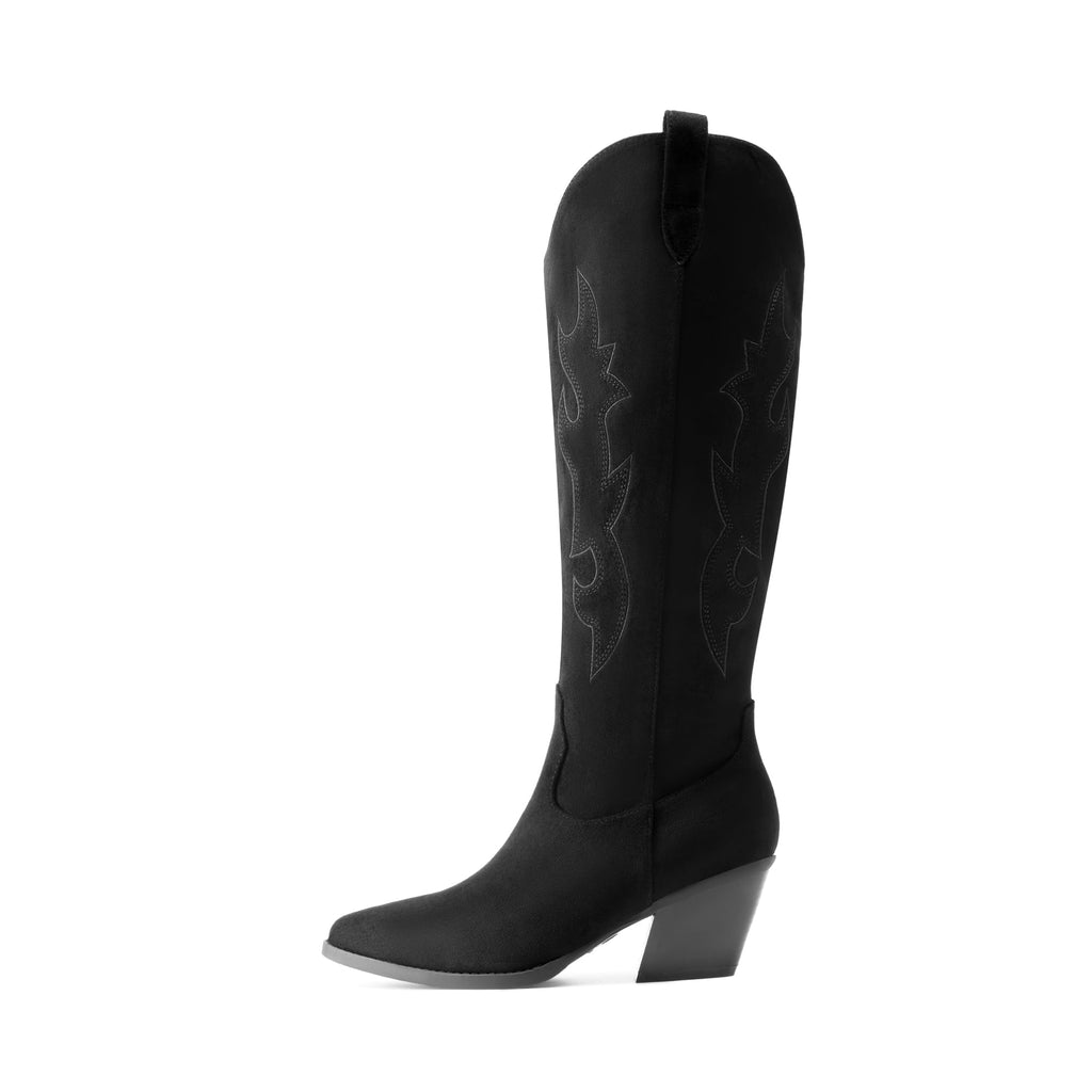 DREAM PAIRS Cowgirl Boots Women Knee High Cowboy Boots Pointed Toe Chunky Block Heel Suede Tall Western Boots with Embroidered,Size 8,Black,SDKB26001W