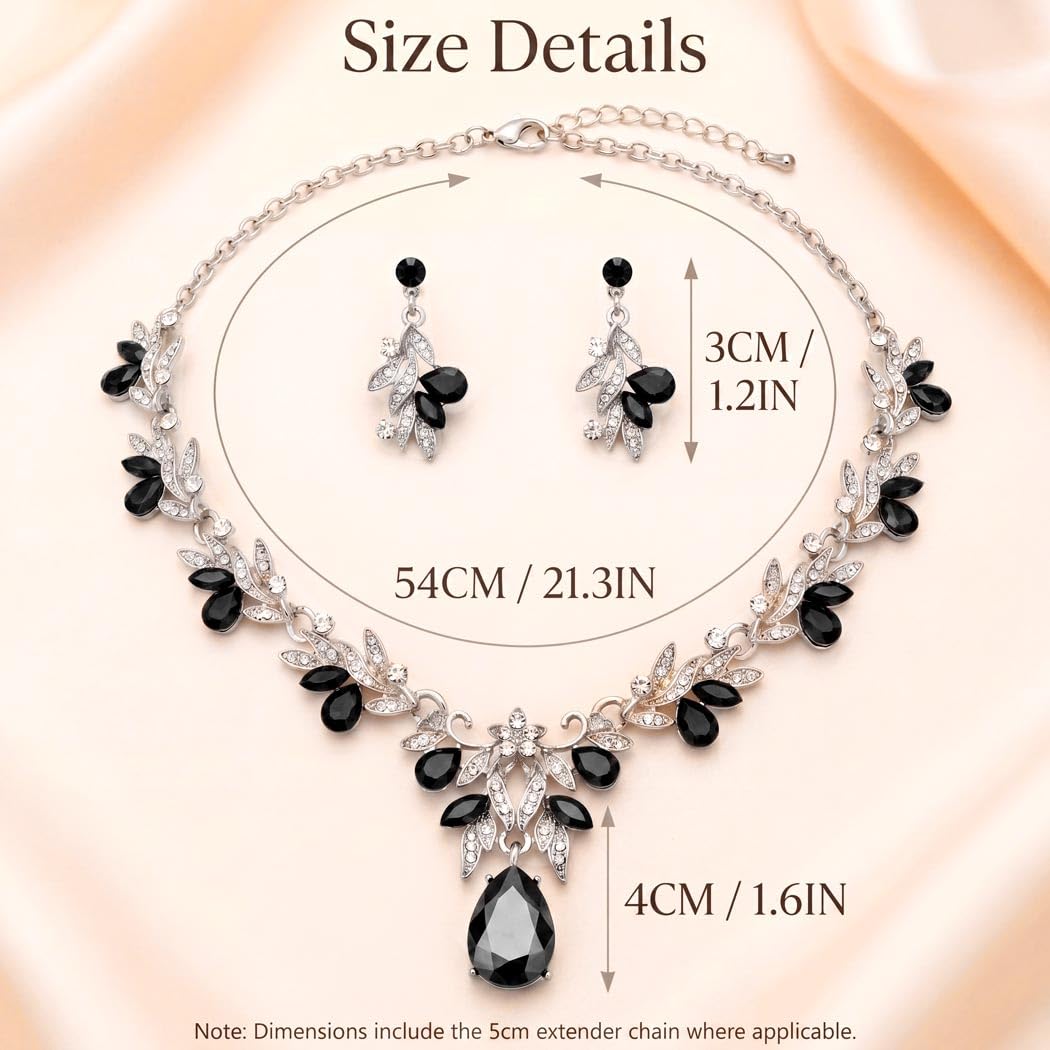 Brishow Jewelry Sets for Women Black Rhinestone Necklace Earrings Set Silver Leaf Costume Jewelry for Prom Formal Events