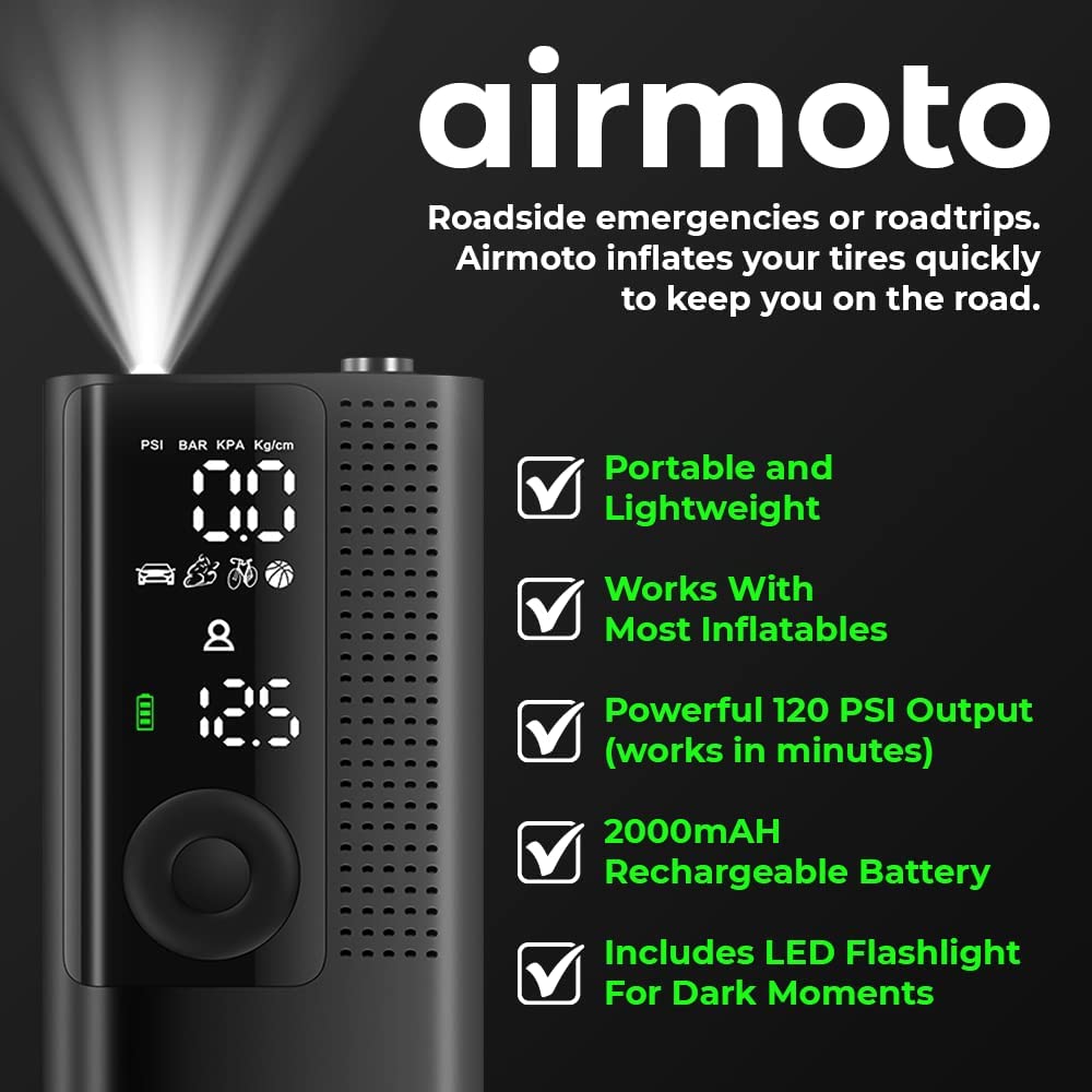 Airmoto Tire Inflator Portable Air Compressor - Air Pump for Car Tires with Digital Pressure Gauge, LED Light and Auto Shut-Off Function - Cordless Pump for Car, Motorcycle, Bicycle, Ball