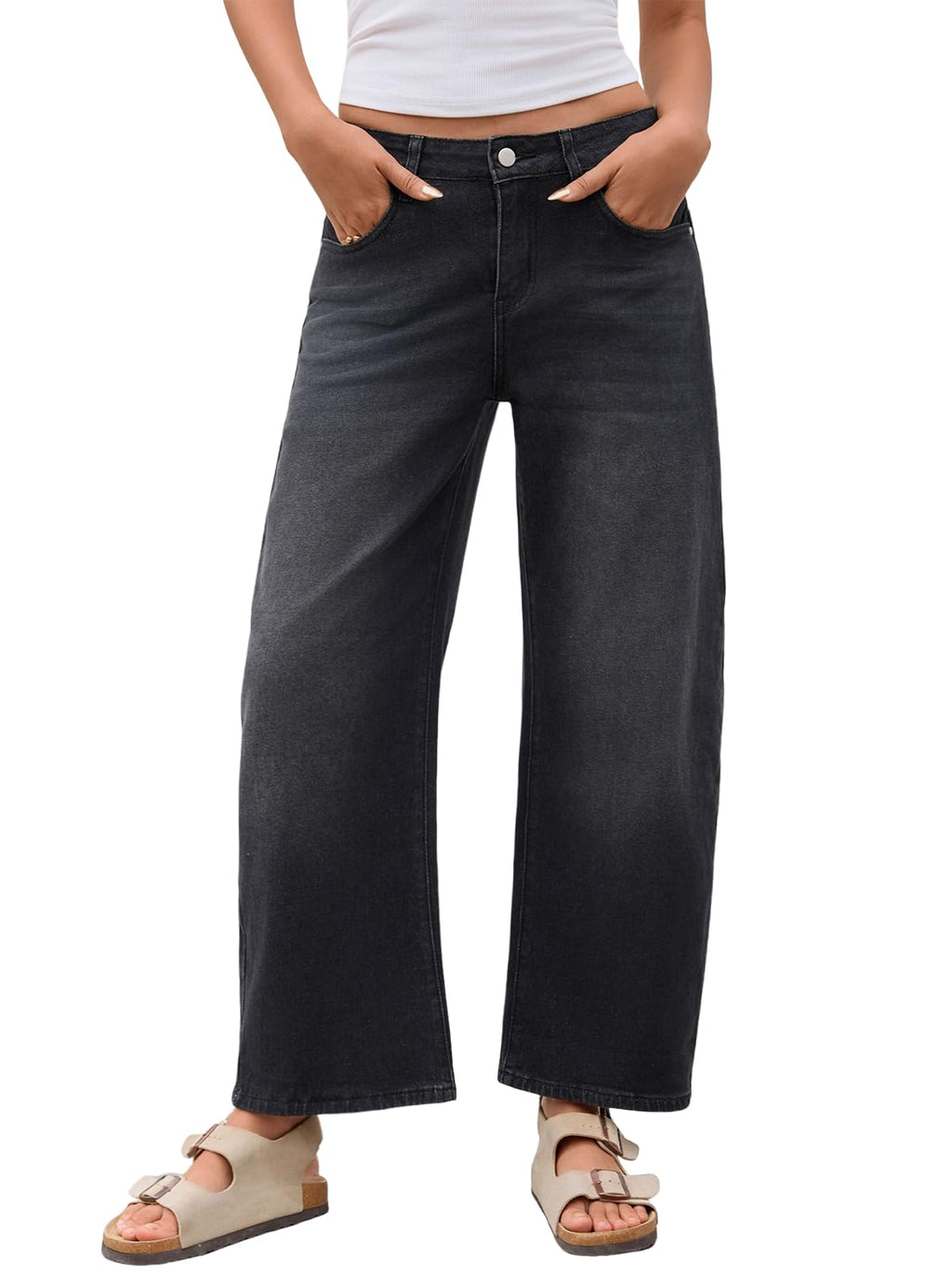 PEIHOT Mid Rised Barrel Jeans for Women Trendy Boyfriend Stretch Wide Leg Cropped Denim Pants with Pockets Black