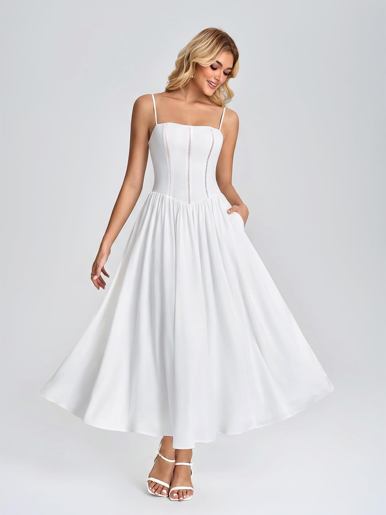 VKIHOC Women Floral Corset Maxi Dress Spaghetti Strap Lace Up Flowy A Line Wedding Guest Long Dress with Pockets White