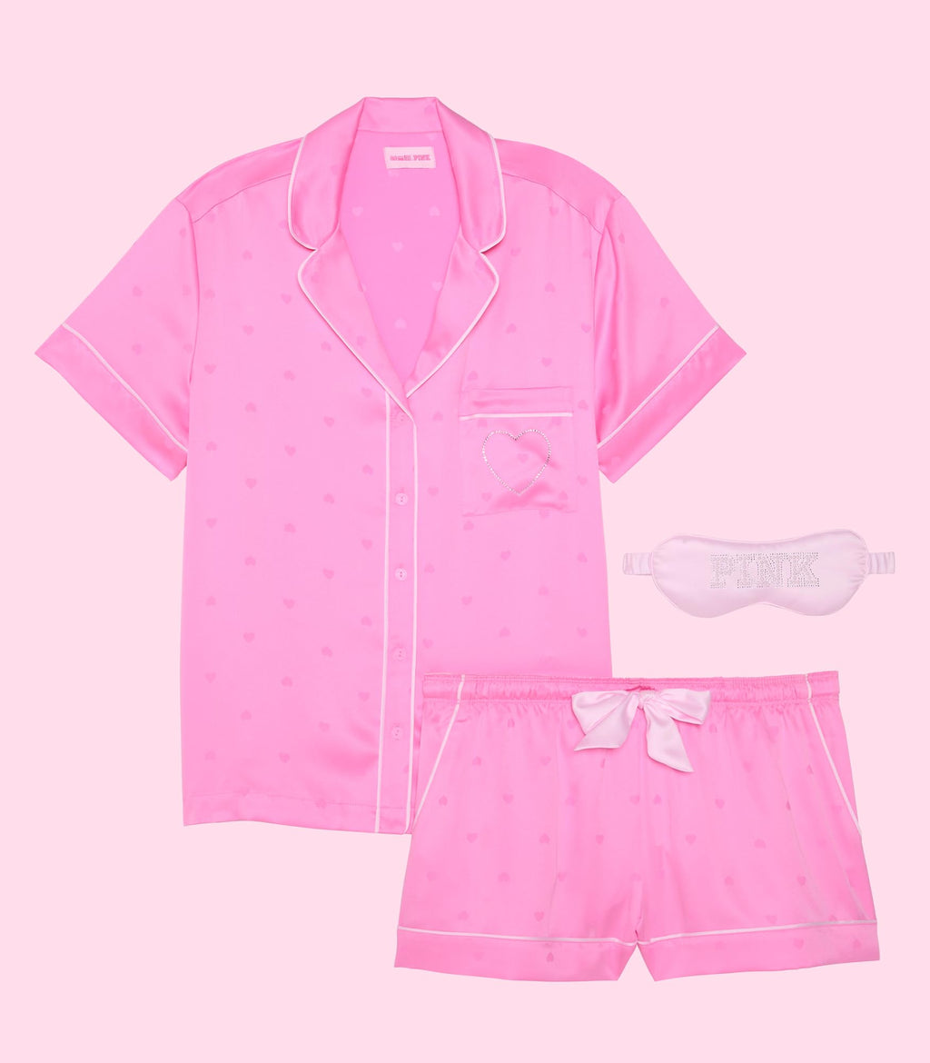 Victoria's Secret PINK | Elle 3-Piece Satin Eye Mask & Short Pajama Set, Pink Lollipop, M