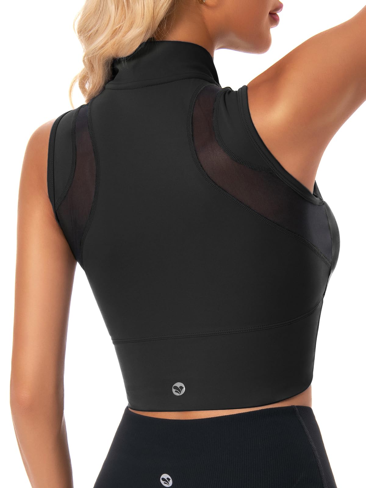 AAARYA Zip Front Cropped Workout Tank Tops with Built in Sports Bra Black M