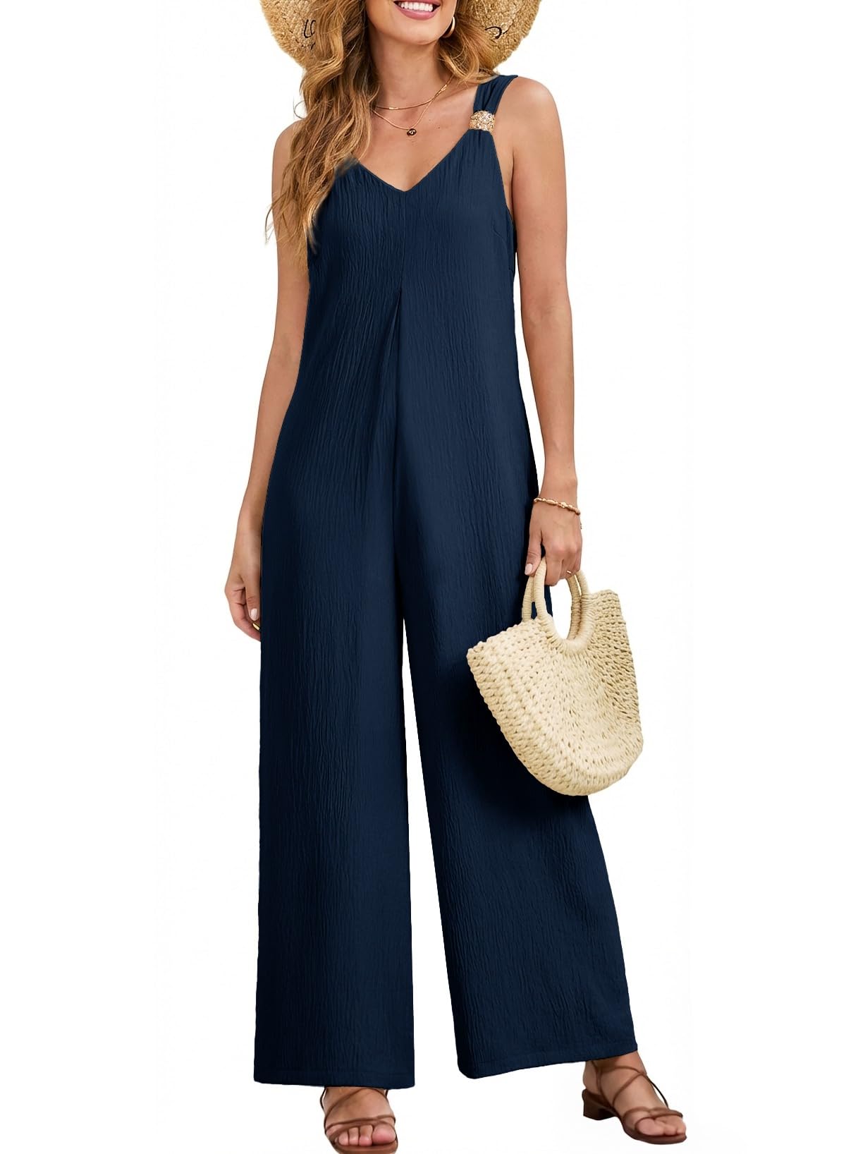 Acelitt Women Casual 2026 One Piece Jumpsuits Dressy Fashion Summer V Neck Sleeveless Loose Wide Leg Long Pant Rompers Outfits Blue XL