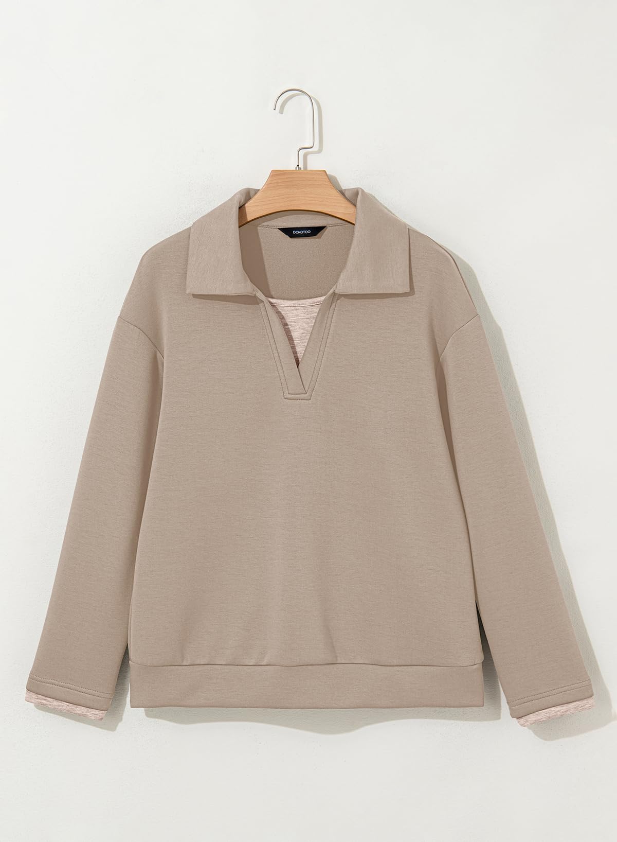 Dokotoo Womens Fall Fashion 2025 Long Sleeve Oversized Sweatshirt for Women Polo Lapel V Neck Color Block Casual Loose Fit Soft Pullover Hoodies Sweatshirts Tops Cozy Winter Clothing Khaki X-Large