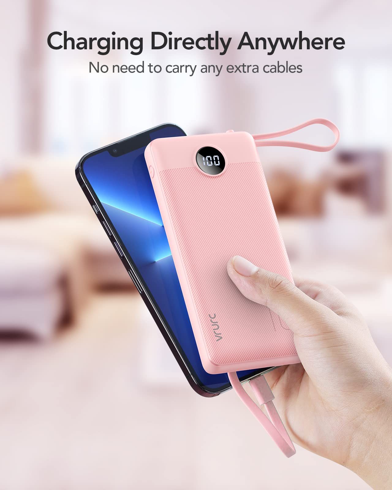VRURC Portable Charger Power Bank, Built-in 4 Cables & 2 Ports,10000mAh Slim Battery Pack with LED Display, Travel Essential USB C Portable Phone Charger for iPhone 17 16 15, Samsung-Pink(1 Pack)