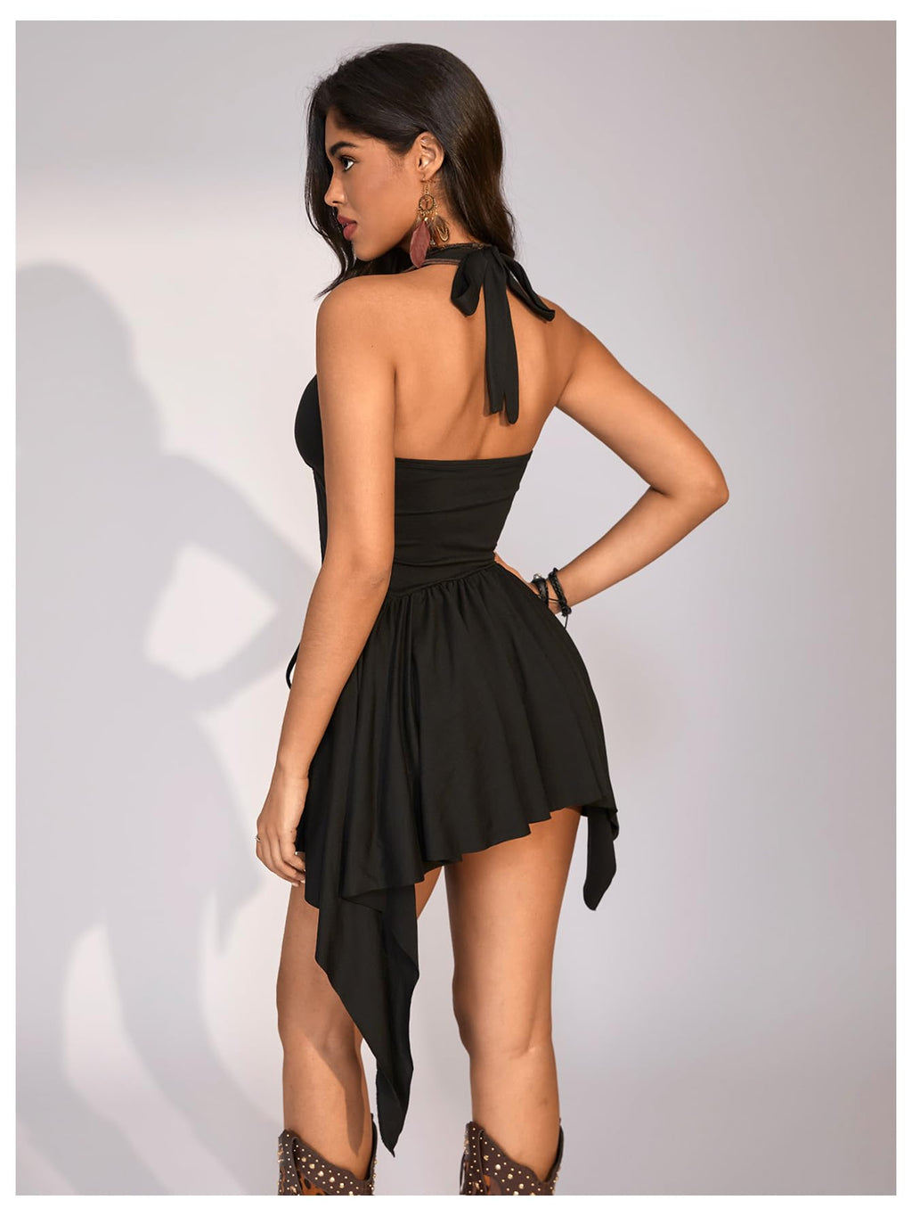 WDIRARA Women's Punk Halter Mini Dress Western Asymmetrical Ruffle Sleeveless Drawstring Ruched A Line Dresses Black Dark Large