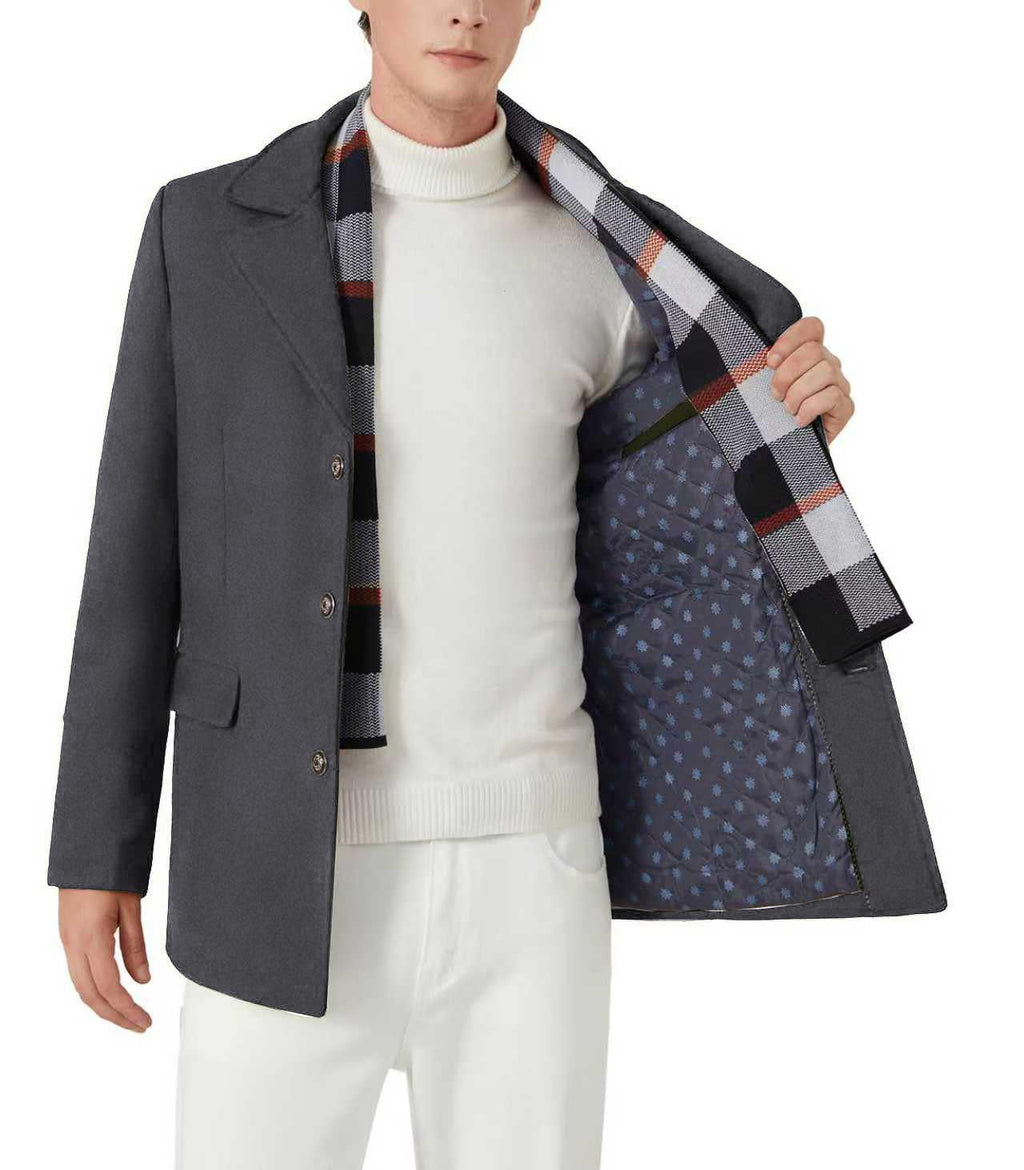 INVACHI Mens Wool Blend Coat Warm Winter Trench Coat with Detachable Soft Scarf Single Breasted Overcoat (US, Alpha, Medium, Regular, Regular, Grey)