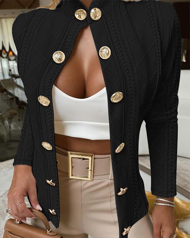 CHICME Women Argyle Cable Cardigan Casual Lightweight Cropped Coat Stand Collar Long Sleeve Metal Button Front Fall Black Jackets-M