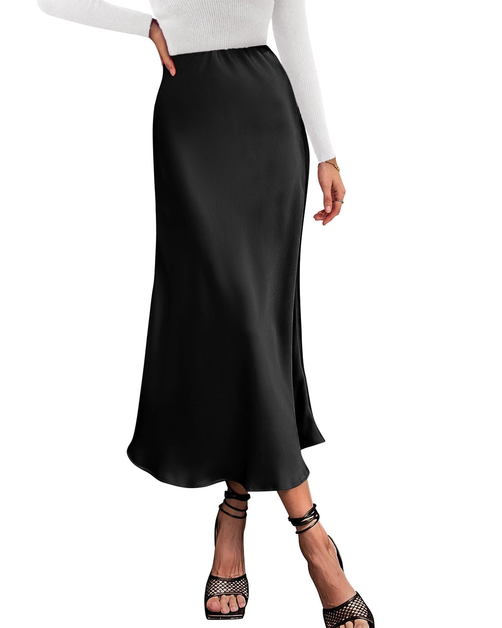 BTFBM 2026 Womens Spring Summer Long Satin Skirt Silk Elegant High Waist Cocktail Party Wedding Flowy A-Line Midi Skirts(Black, Small)