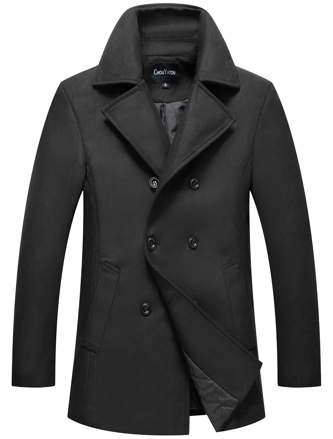 chouyatou Men's Classic Notched Collar Double Breasted Wool Blend Pea Coat (Large, Black)