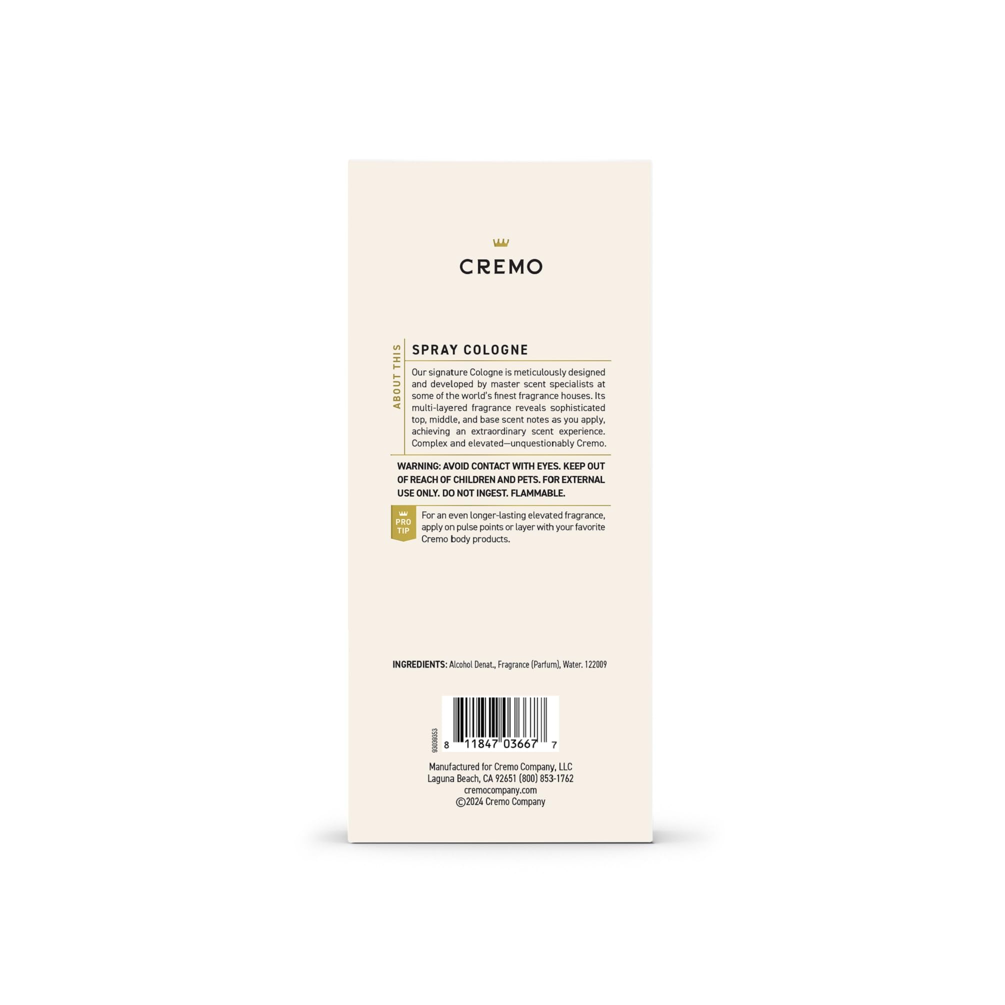 Cremo Cologne For Men - Italian Bergamot Mens Cologne Spray, A Combination of Italian Bergamot, Neroli Blossom, and Fresh Vetiver, Multi-Layered Signature Men's Fragrances, 3.4 Fl Oz