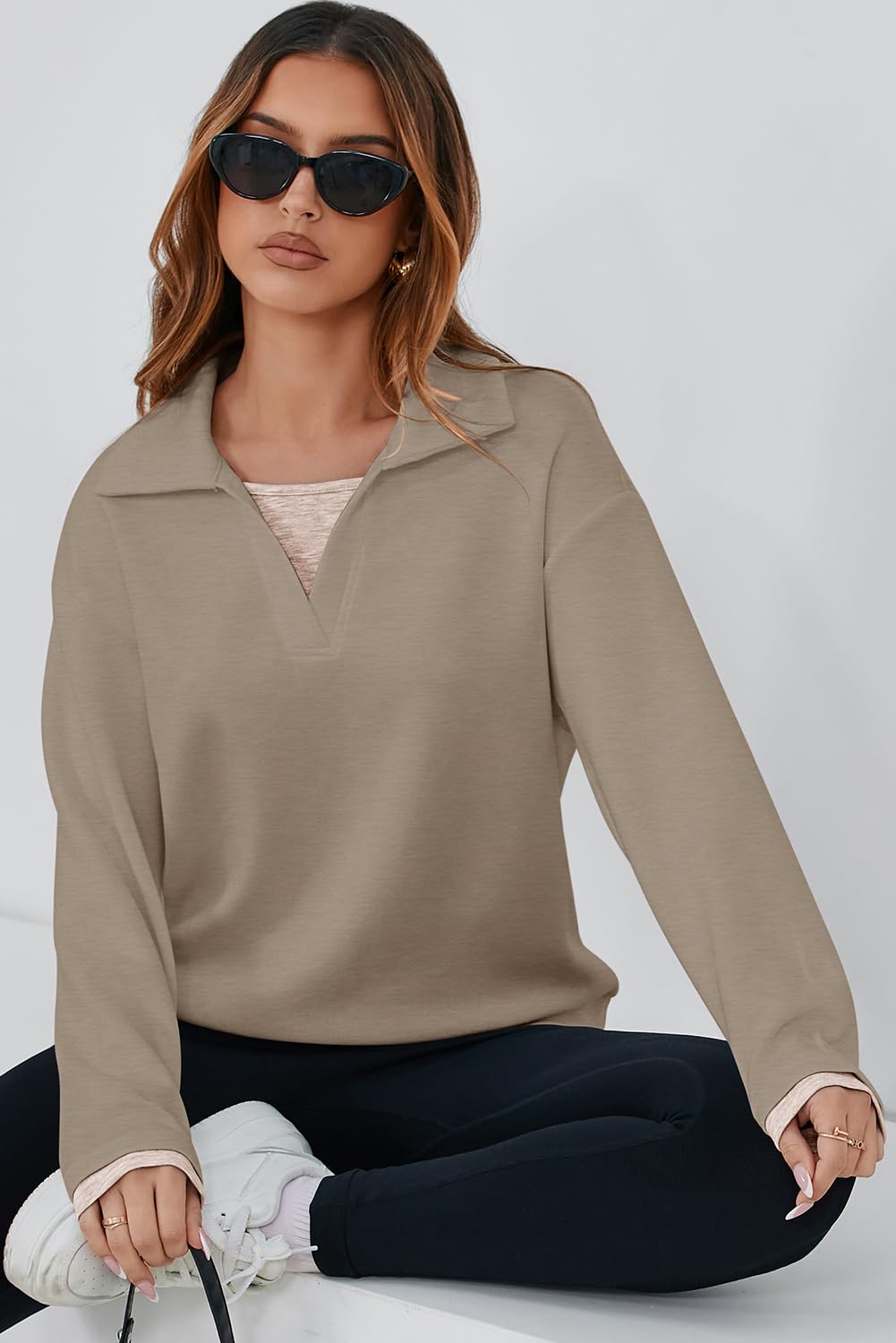 Dokotoo Womens Fall Fashion 2025 Long Sleeve Oversized Sweatshirt for Women Polo Lapel V Neck Color Block Casual Loose Fit Soft Pullover Hoodies Sweatshirts Tops Cozy Winter Clothing Khaki X-Large