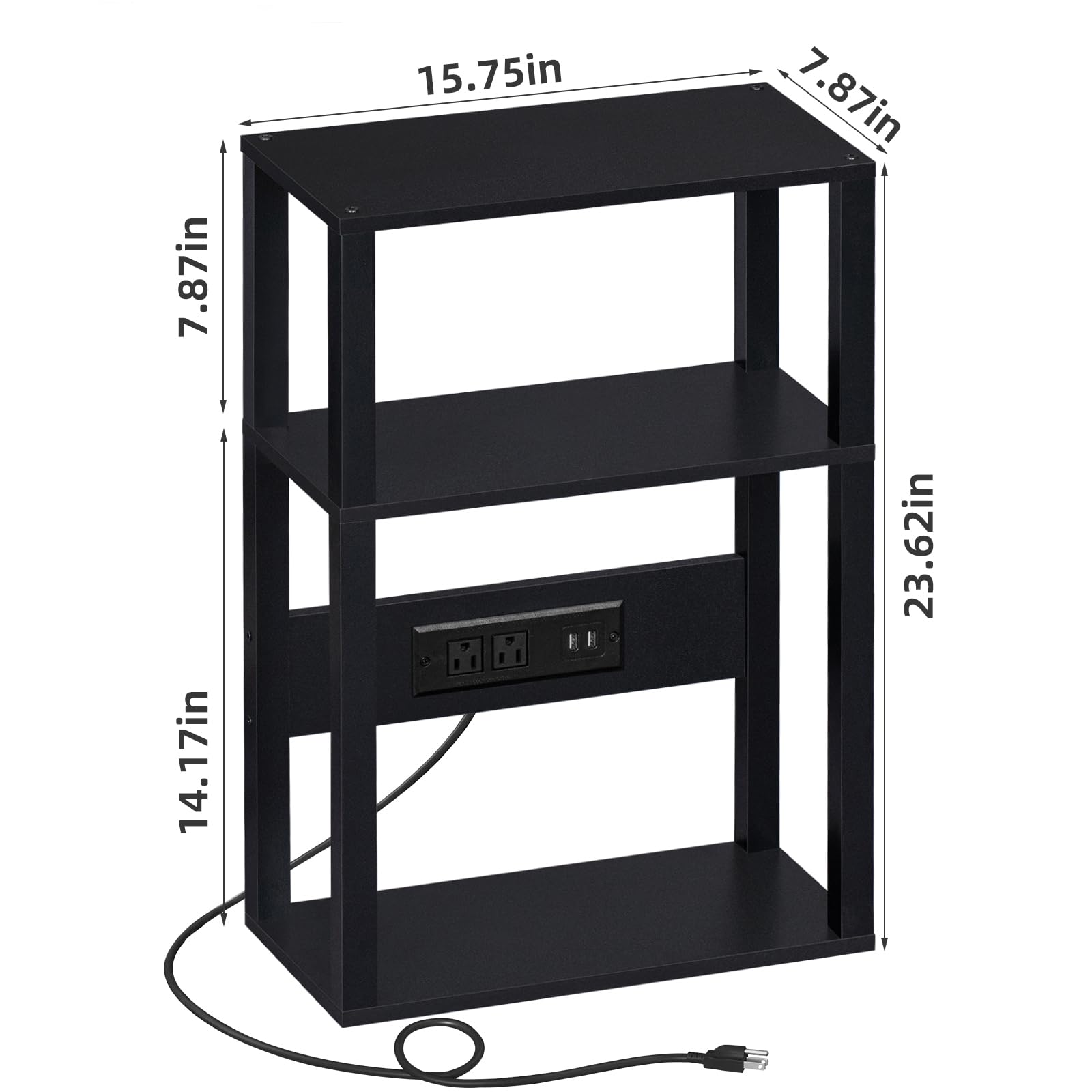 YUFAM 3-Tier Small Narrow Wood Side Table Set of 2 with Charging Station - Skinny Nightstand for Small Spaces, Slim Bedside Table with USB Ports and Outlets - Thin End Table with Storage, Black