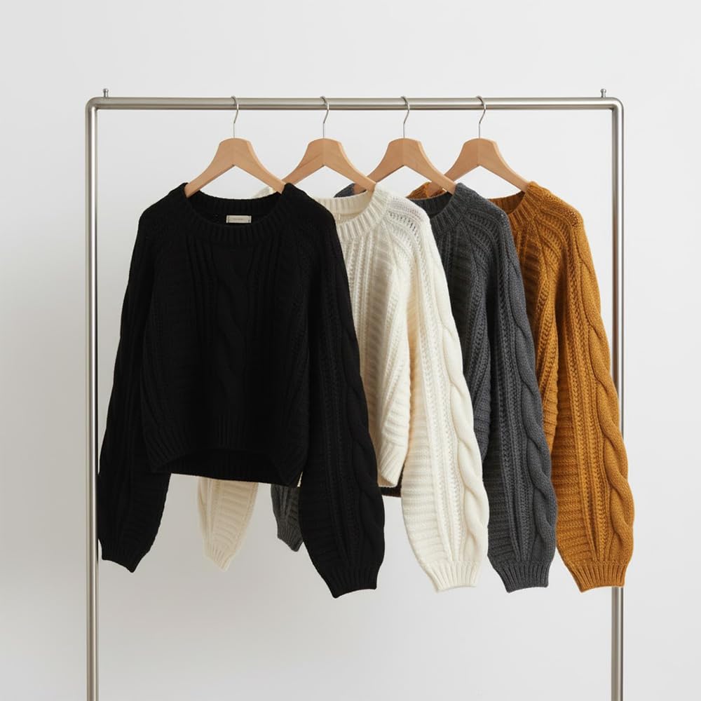 Grewear Women's Cropped Cable Knit Sweater, Soft Long Sleeve Crewneck Pullover, Casual Cozy Knit Top for Fall Winter Outfits, Gift for Women Oatmeal-XS