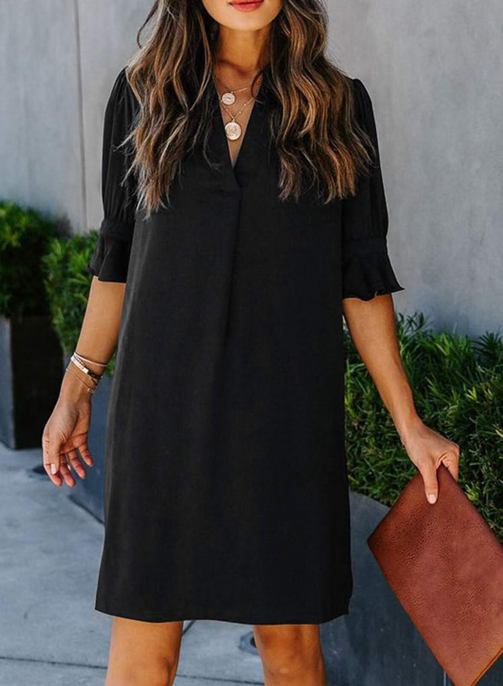 QACOHU Summer Dresses for Women 2026 Casual Ruffle Short Sleeve V-Neck Flowy Swing Shift Dress Black L