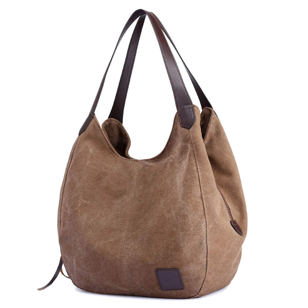 DOURR Women's Multi-pocket Shoulder Bag Fashion Cotton Canvas Handbag Tote Purse (Brown - Medium Size)
