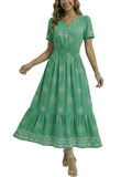 2026 Womens Summer Floral Maxi Dresses V Neck Short Sleeve Boho Casual Flowy Long Wedding Guest Beach Vacation Dress Green