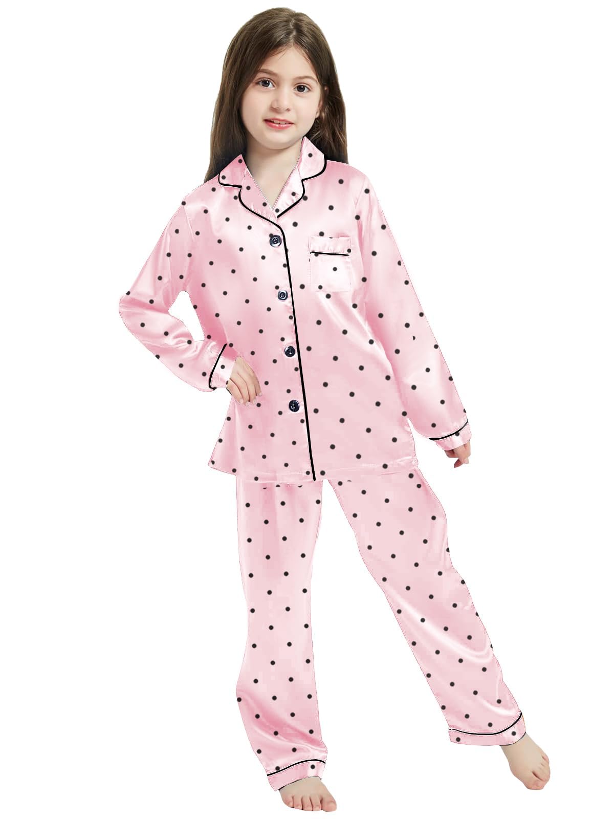 Schbbbta Silk Satin Pajamas for Girls Womens Loungewear Two-Piece Sleepwear Button-Down Pj Set, T - Pink Polka Dots, 5-6 Years = Tag 130