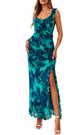 PRETTYGARDEN Spaghetti Strap Sleeveless Floral Wedding Guest Dresses for Women 2026 Summer Mesh Fitted Slit Cocktail Dress (Lake Blue Floral, X-Large)