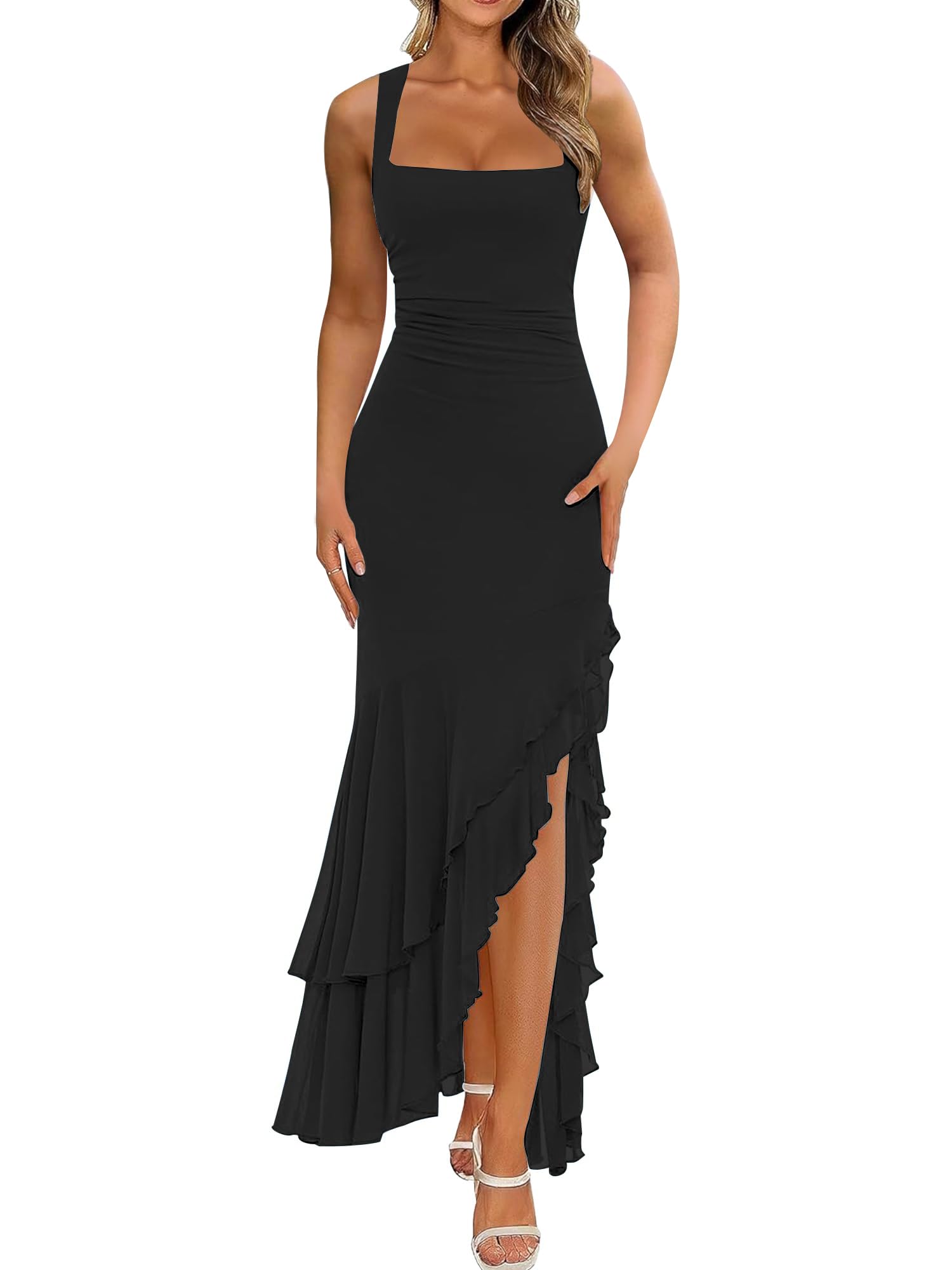 BORIFLORS Women's Elegant Bodycon Ruched Maxi Cocktail Dress Mesh Sleeveless Mermaid Ruffle Beach Wedding Guest Long Dresses, X-Small, Black