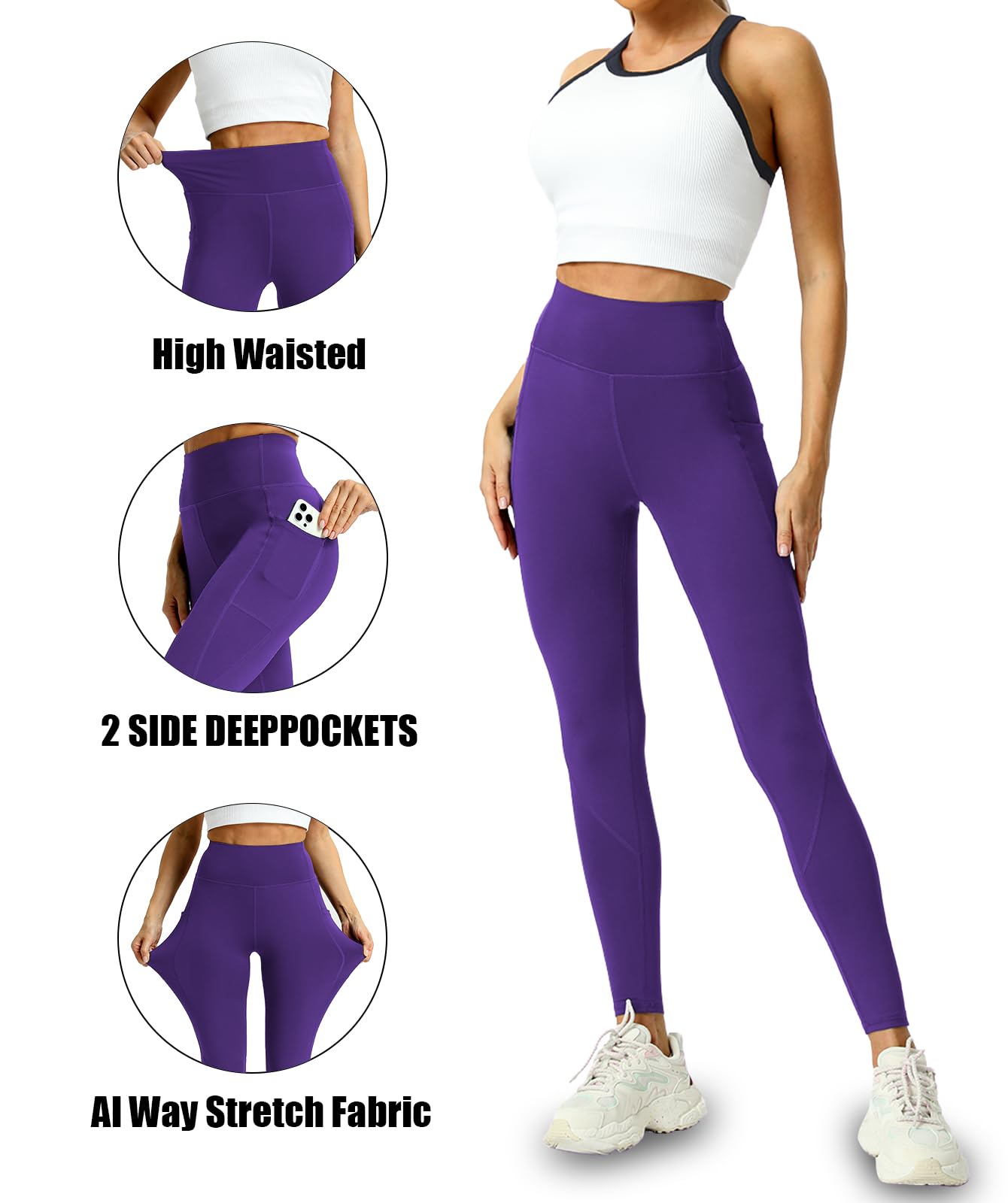 Mlenhor 4 Pack Leggings with Pockets for Women - High Waisted Tummy Control Workout Yoga Pants (US, Alpha, Large, Regular, Regular, 4 Pack-Green/Purple/Blue/Black)