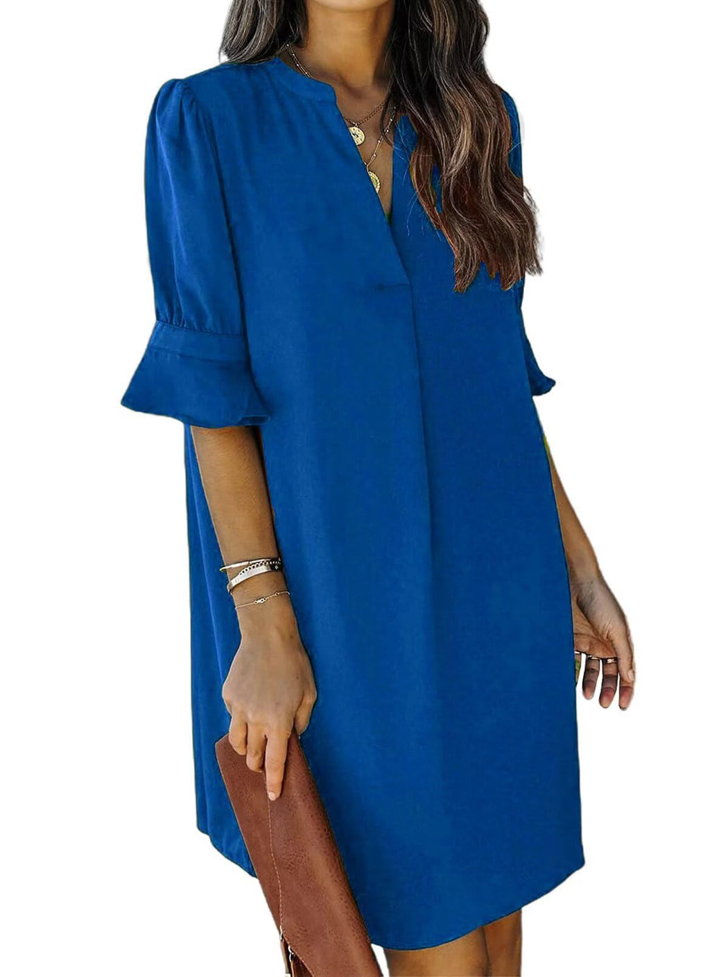 QACOHU V Neck Short Sleeve Dresses Women's Summer Mini Breathable Soft Skin-Friendly and Comfortable Tunic Dress Royal Blue L