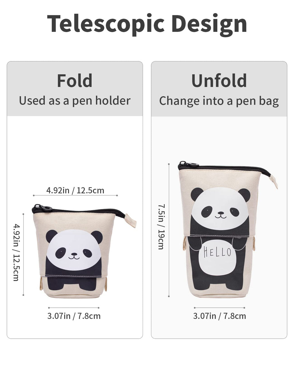 Sooez Standing Pencil Case, Cute Stand up Pencil Pouch, Telescopic Pen Pouch, Portable Pencil Holder, Cute Stand up Pencil Case, Spacious Pencil Pouch Bag for School Office Supplies, Beige Panda