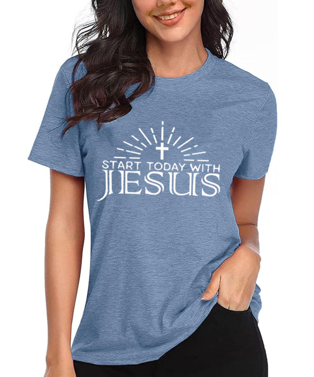 Start Today with Jesus T-Shirt for Women Christian Graphic Top,Ink Blue,XXL