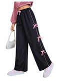 WDIRARA Girl's Bow Side Waist Track Pants Cute Wide Leg Trousers Black 11Y