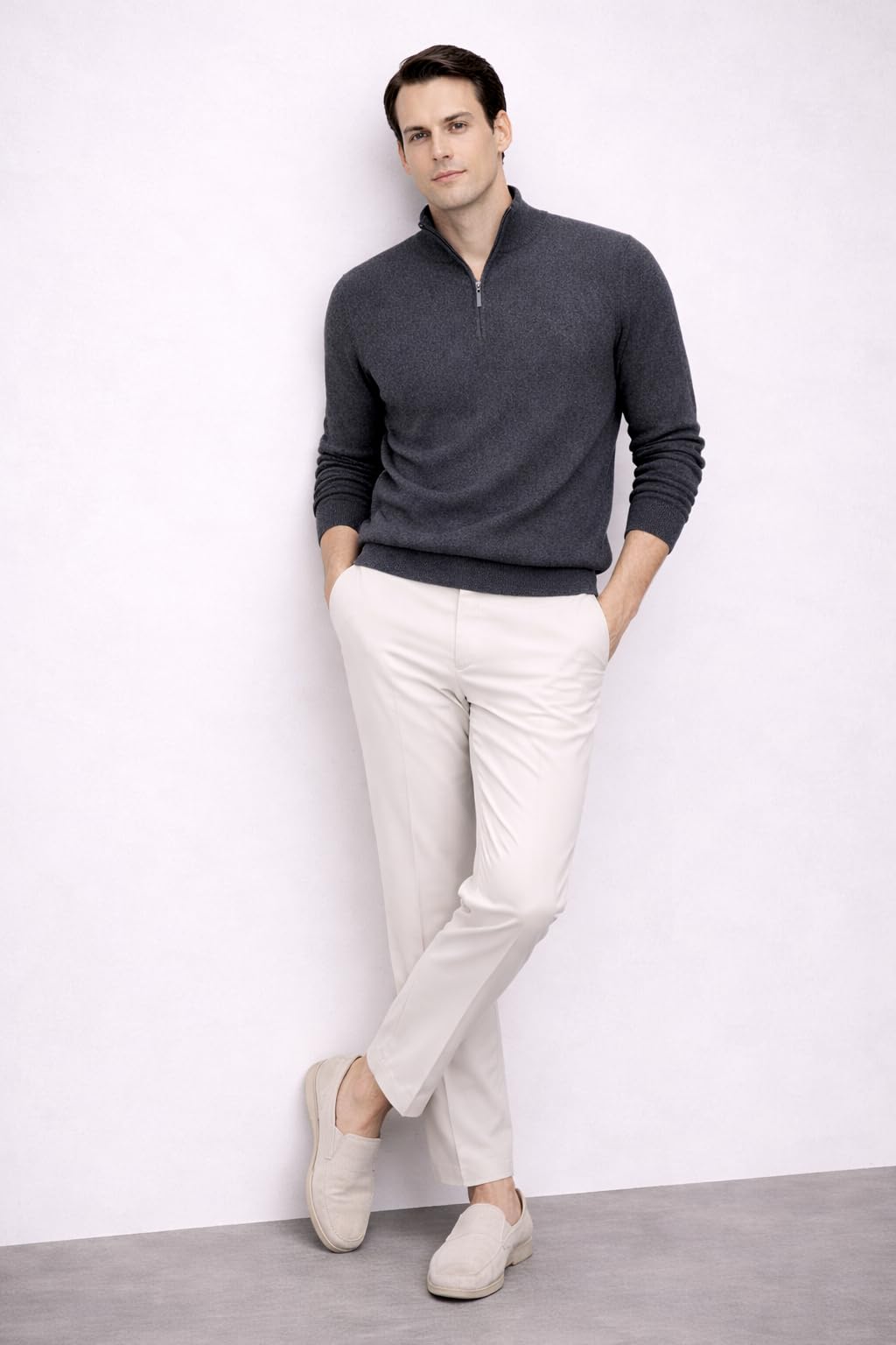 State Cashmere Men's Half Zip Mock Neck Sweater 100% Pure Cashmere Polo Neck Pullover (City Smoke, Medium)