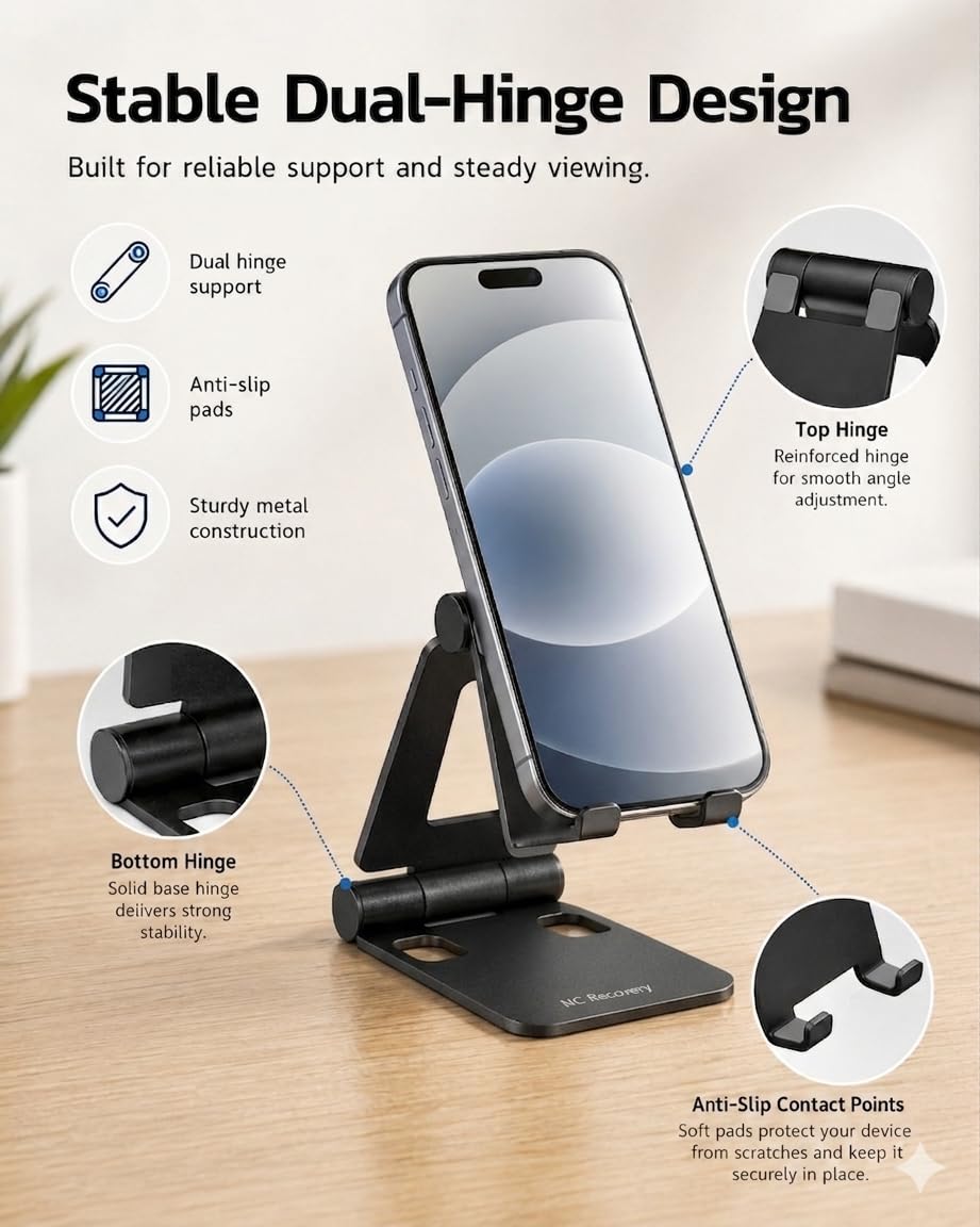 NC Recovery Adjustable Foldable Phone Stand for Desk, Portable Cell Phone Holder with Cable-Friendly Open Base, Compatible with iPhone, Samsung Galaxy and Android Smartphones