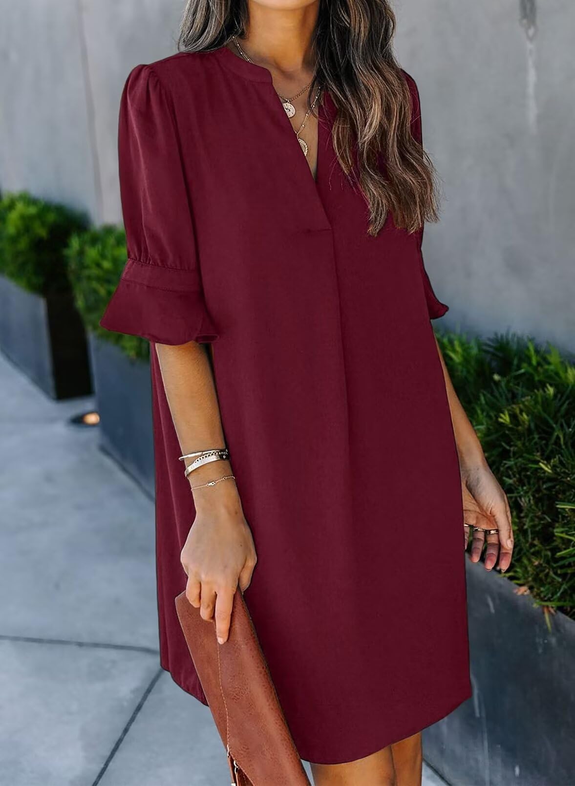 QACOHU Women's Ruffle Short Sleeve V-Neck Straight Casual Casual Elegant Solid Color Simple Dress Red Wine L