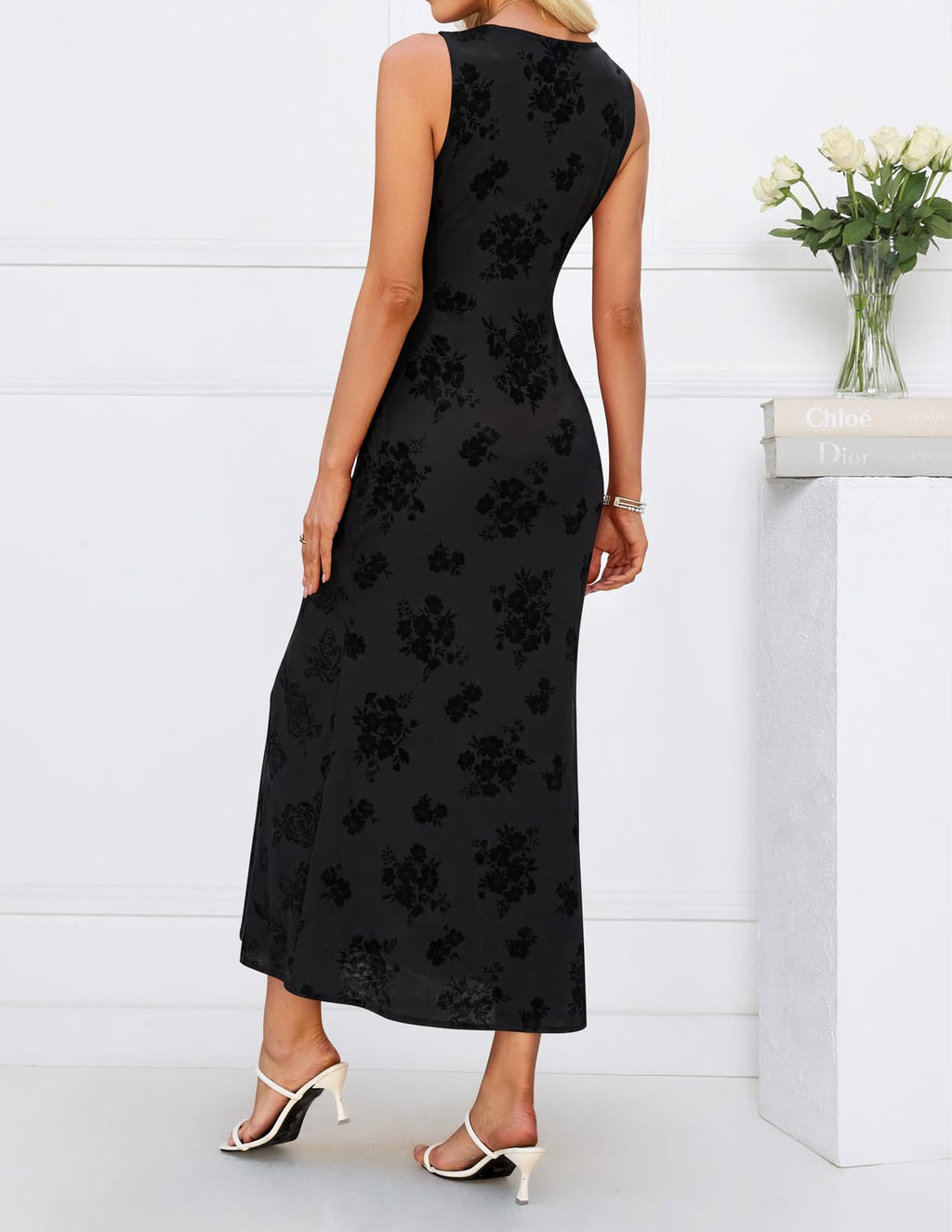 MEROKEETY Women's Summer Sleeveless Floral Bodycon Maxi Dress 2026 Elegant Formal V Neck Wedding Guest Cocktail Party Dresses, Black, Small