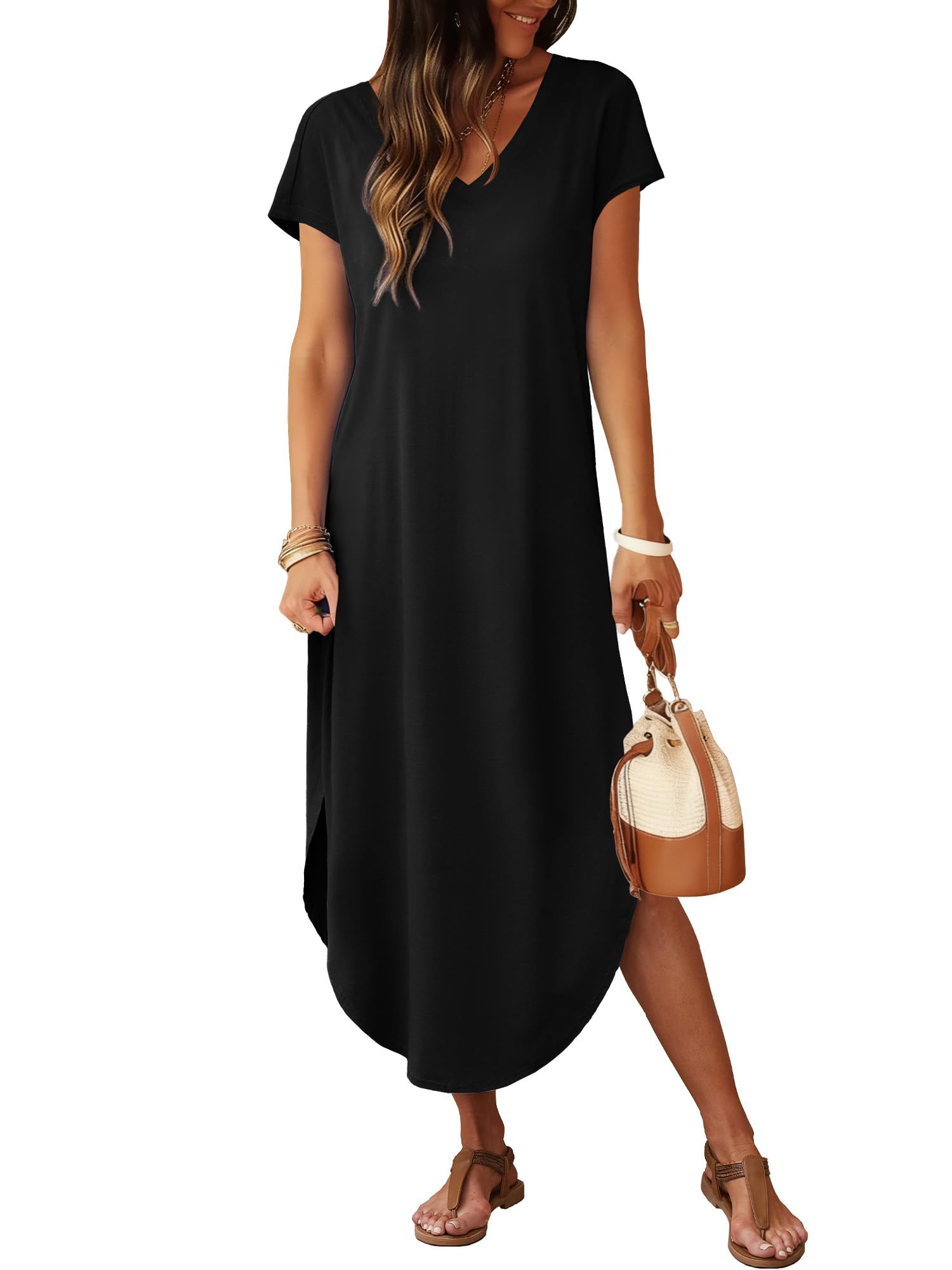 RUMIA Summer Casual Maxi Dresses for Women- Women's V Neck Cap Sleeve Long Sundress with Pockets Beach Vacation Black
