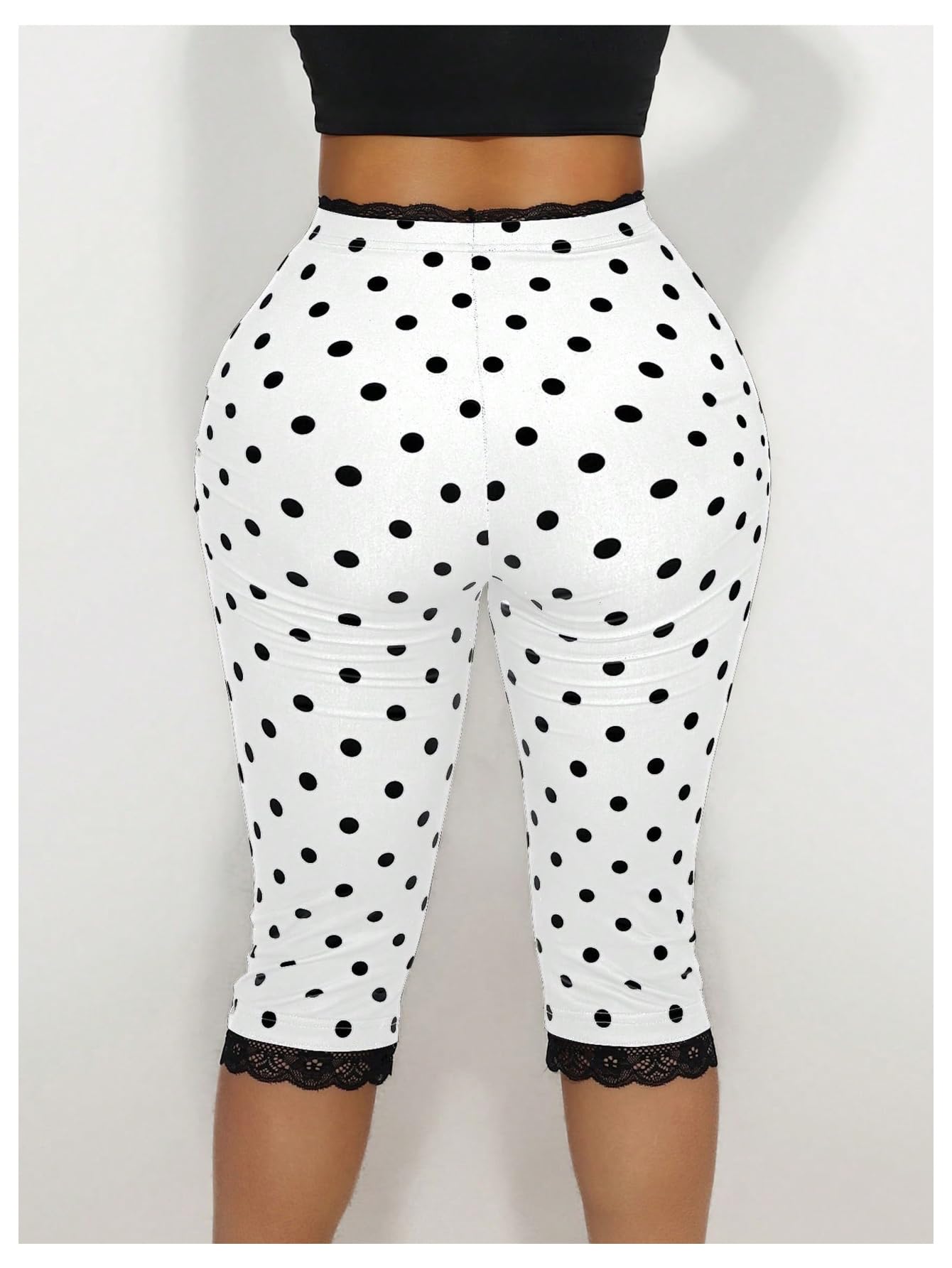 WDIRARA Women's Polka Dots Capris Pants Lace Trim Elastic High Waisted Skinny Yoga Leggings White Large