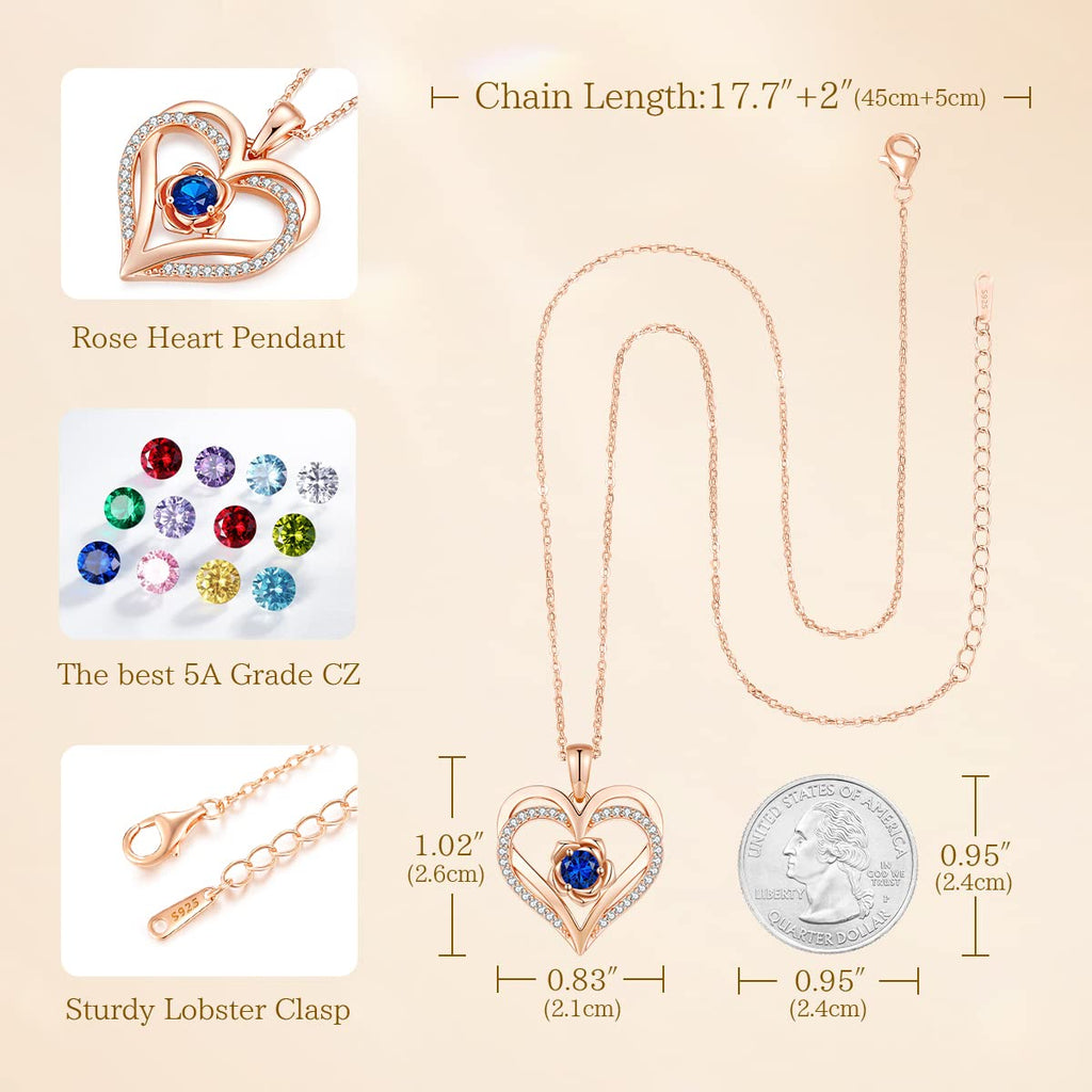 CDE Valentines Day Gifts for Women S925 Silver Rose Gold Heart Birthstone Necklaces for Women，Ideal Anniversary or Birthday Jewelry Gifts for Wife Girlfriend Her