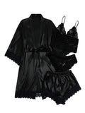 WDIRARA Women' Silk Satin Pajamas Set 4pcs Lingerie Floral Lace Cami Sleepwear with Robe Black Belted XXL
