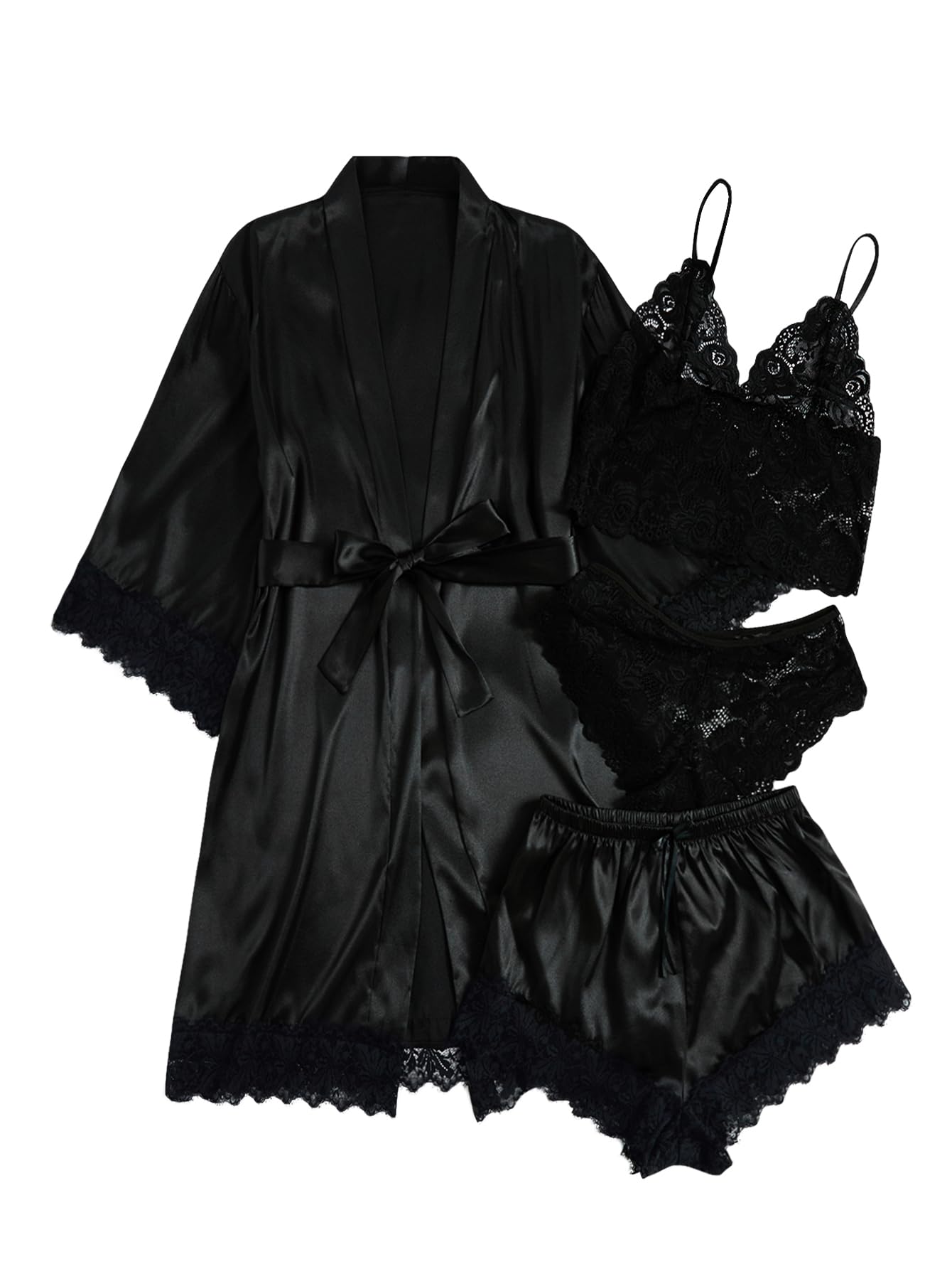 WDIRARA Women' Silk Satin Pajamas Set 4pcs Lingerie Floral Lace Cami Sleepwear with Robe Black Belted XXL